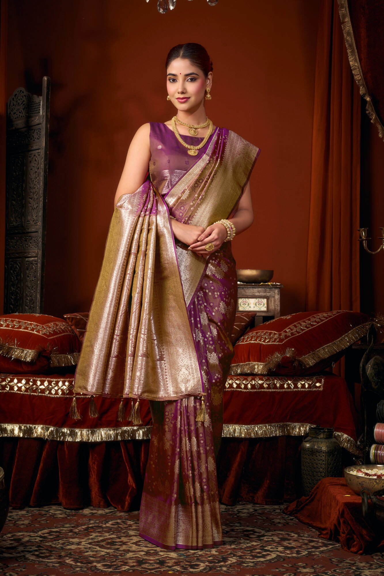 Self Jacquard Soft Silk Saree with Rich Zari & Tassels - Image 2