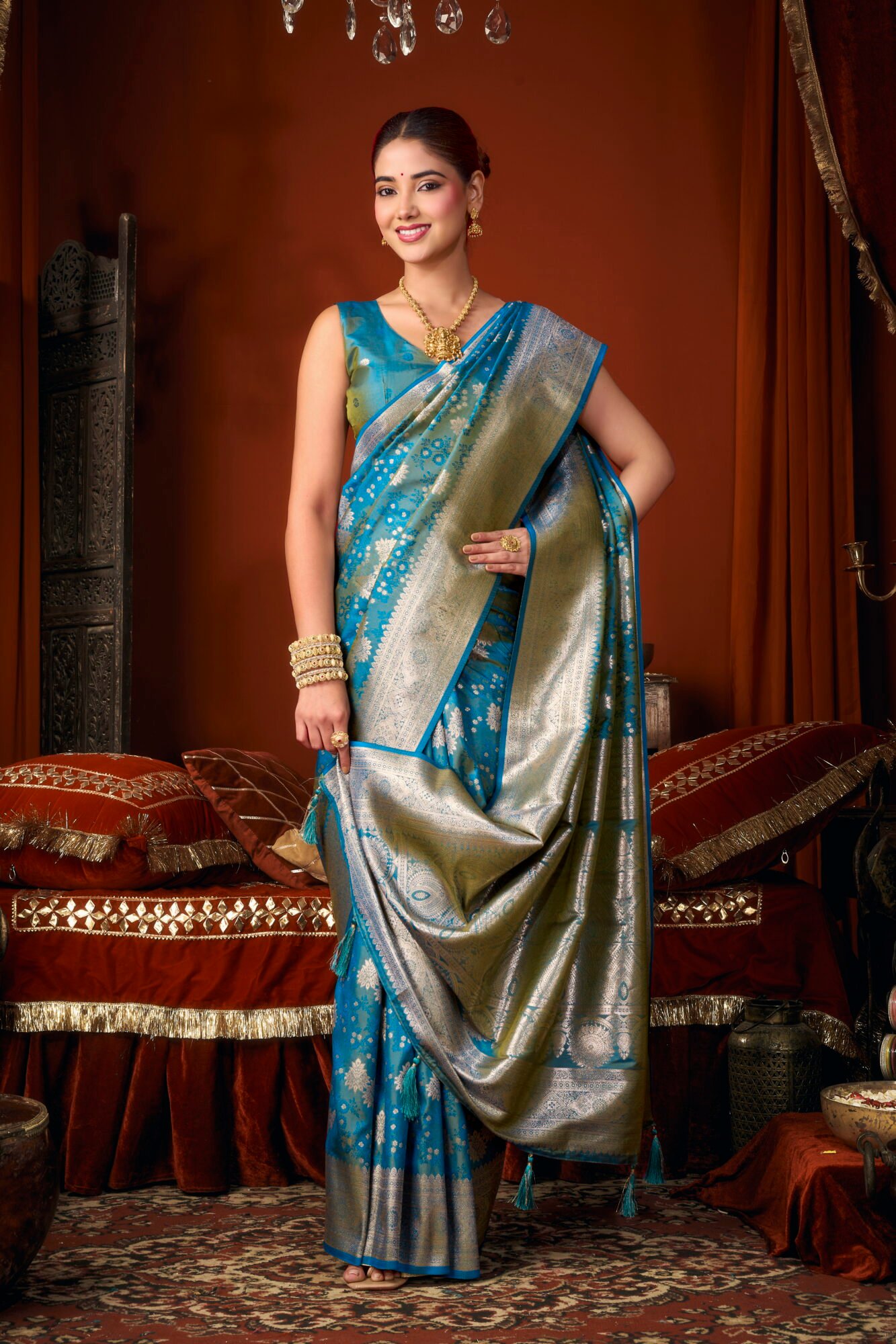 Self Jacquard Soft Silk Saree with Rich Zari & Tassels - Image 3