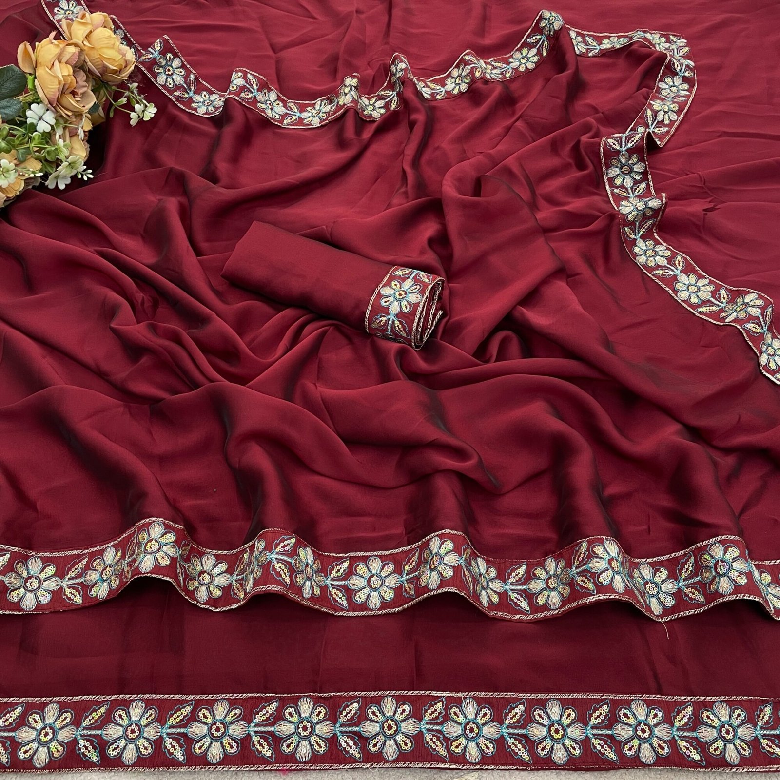 Rangoli Royale – Silk Saree with Embroidery & Fancy Lace - Image 5