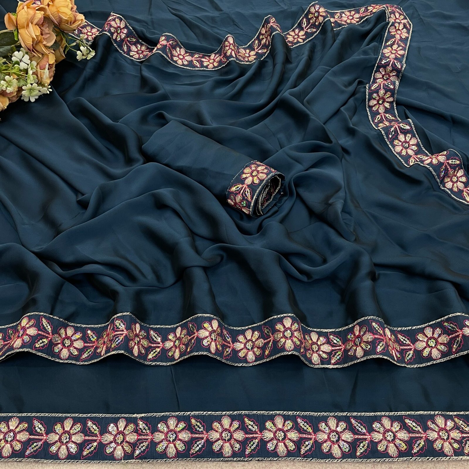 Rangoli Royale – Silk Saree with Embroidery & Fancy Lace - Image 3