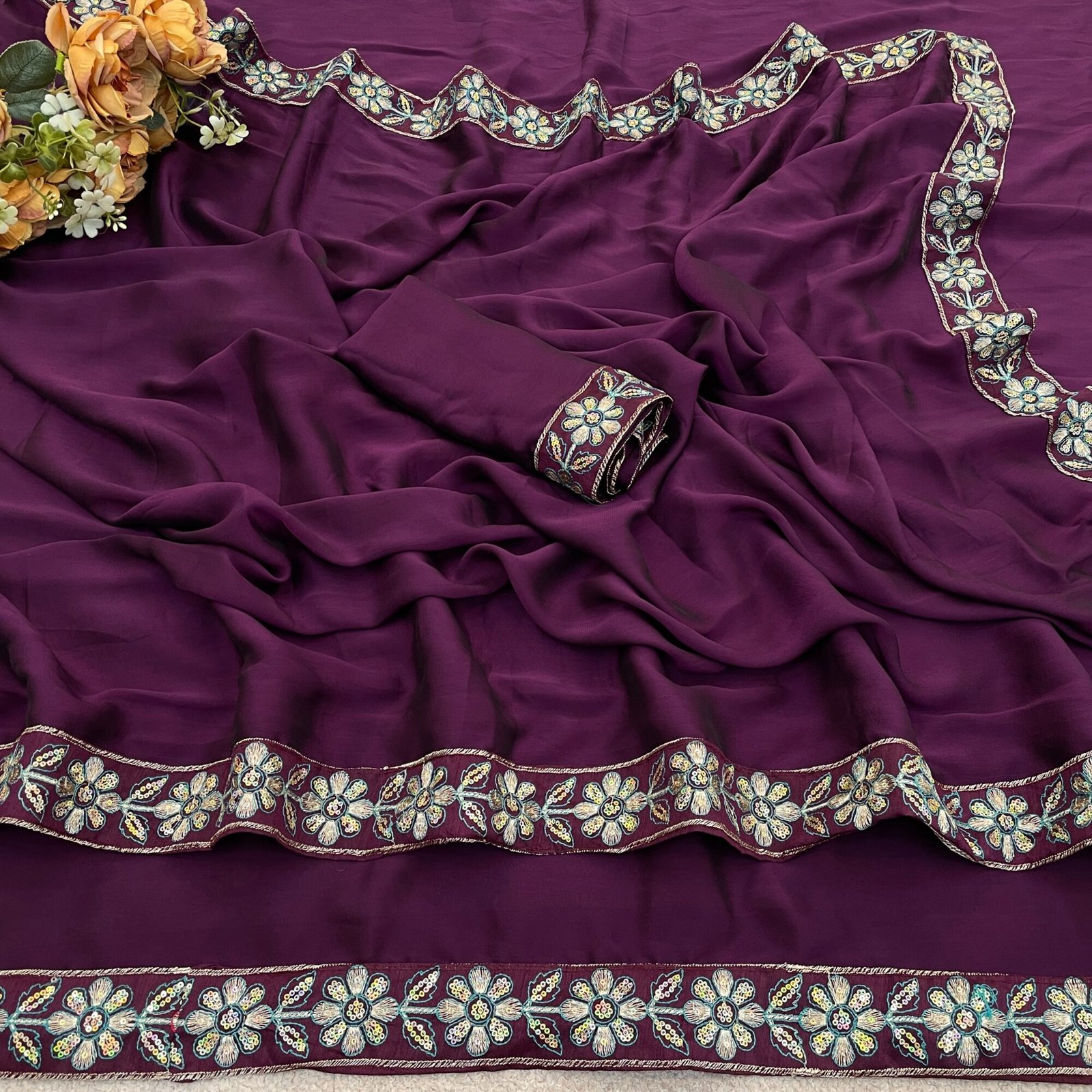 Rangoli Royale – Silk Saree with Embroidery & Fancy Lace - Image 4