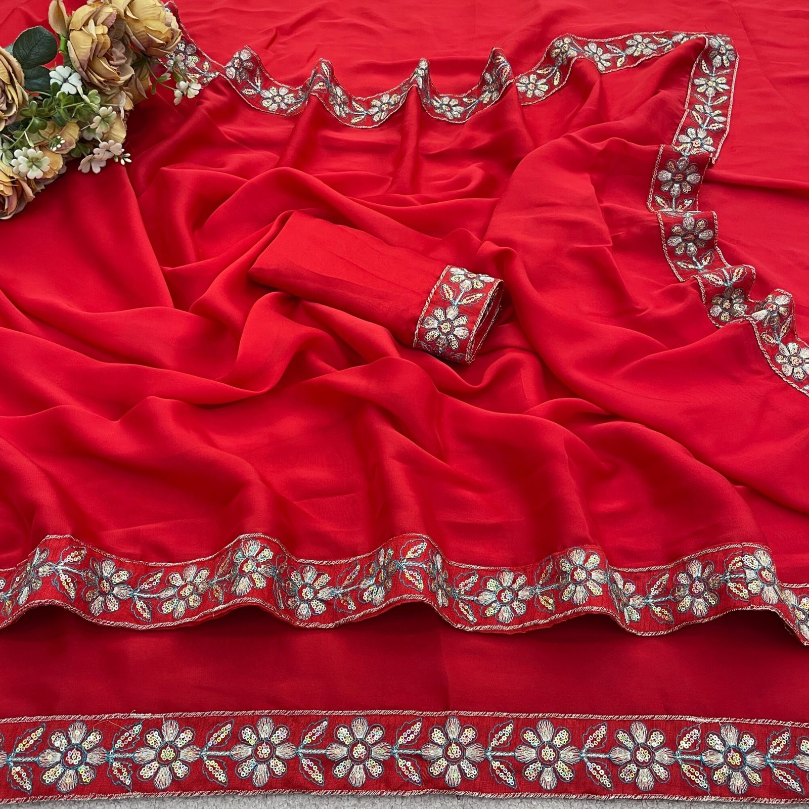 Rangoli Royale – Silk Saree with Embroidery & Fancy Lace - Image 2
