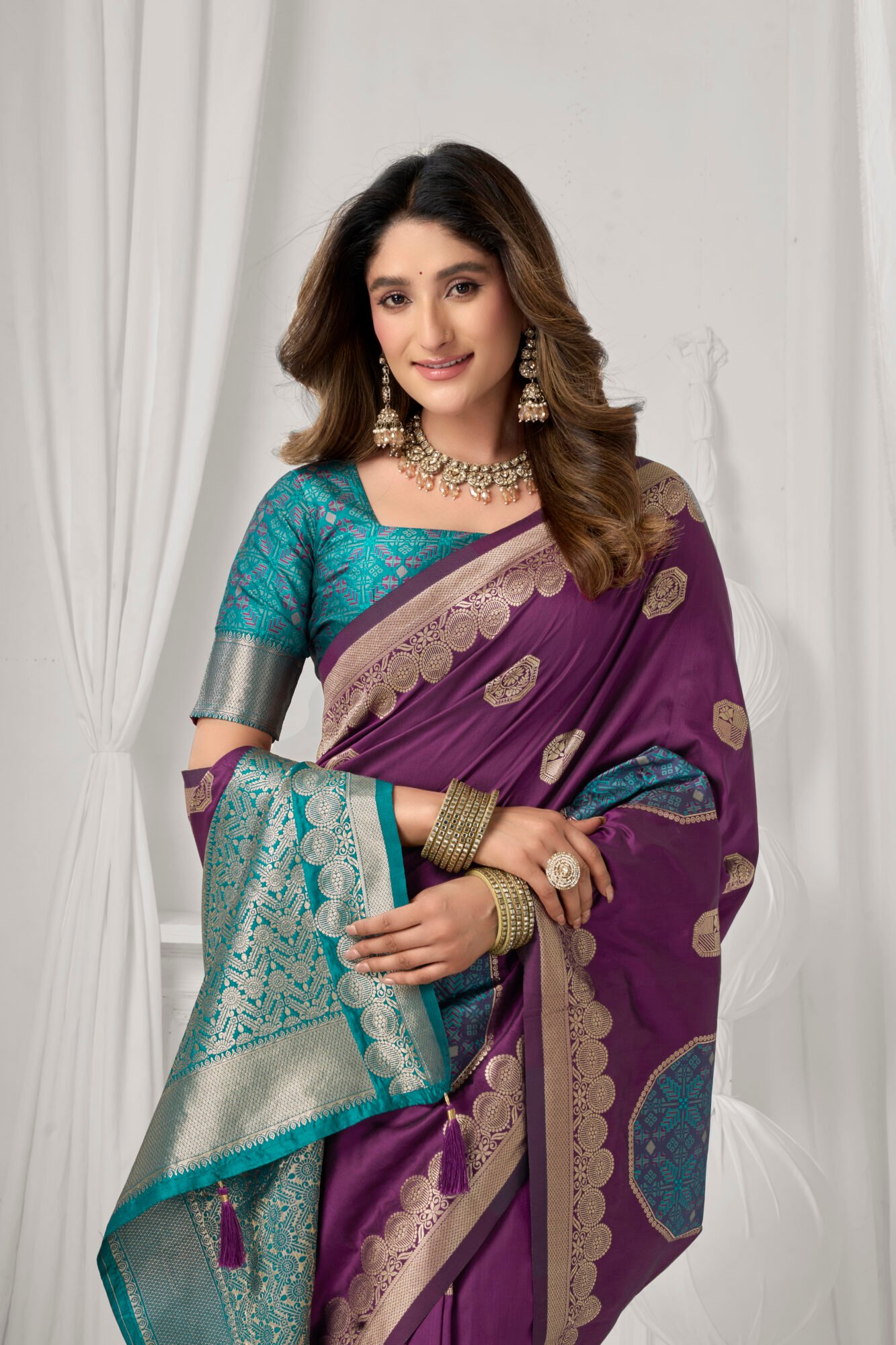 Elegant Soft Silk Saree with Statement Pompom Detailing - Image 2