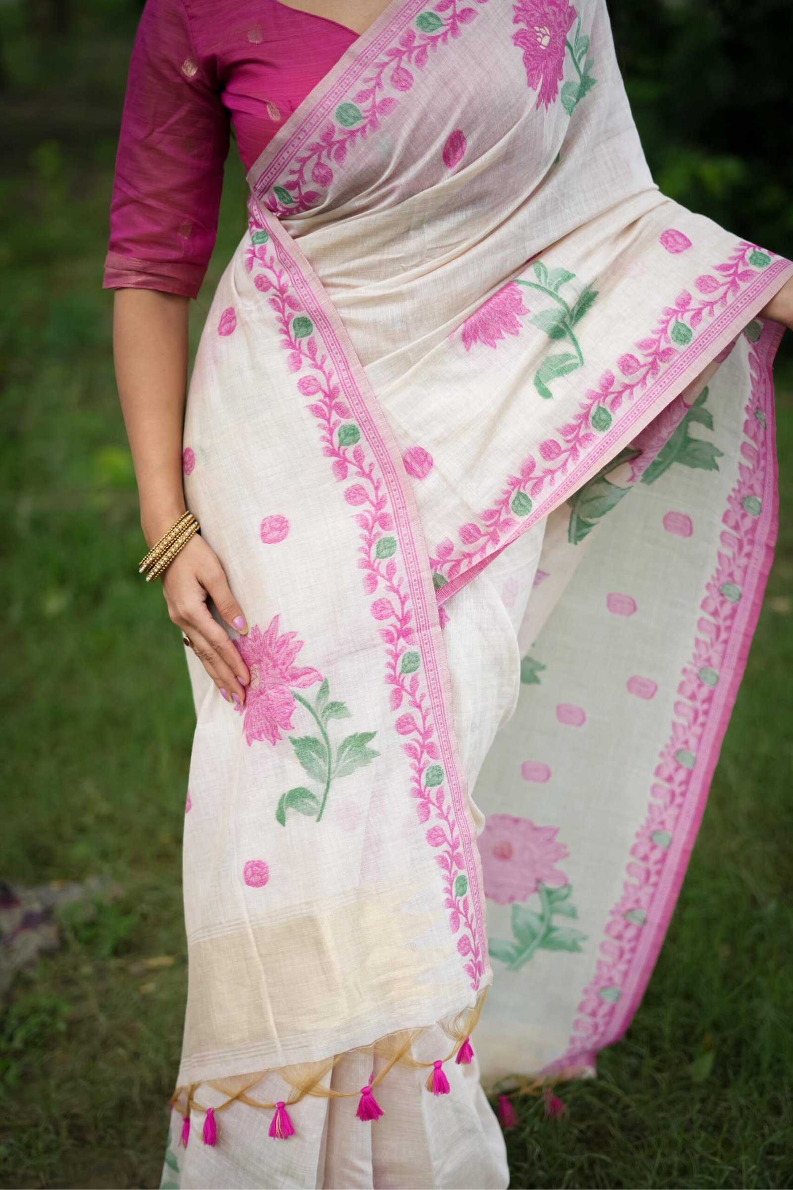 Timeless Muga Cotton Saree with Jamdani Contrast Border - Image 2