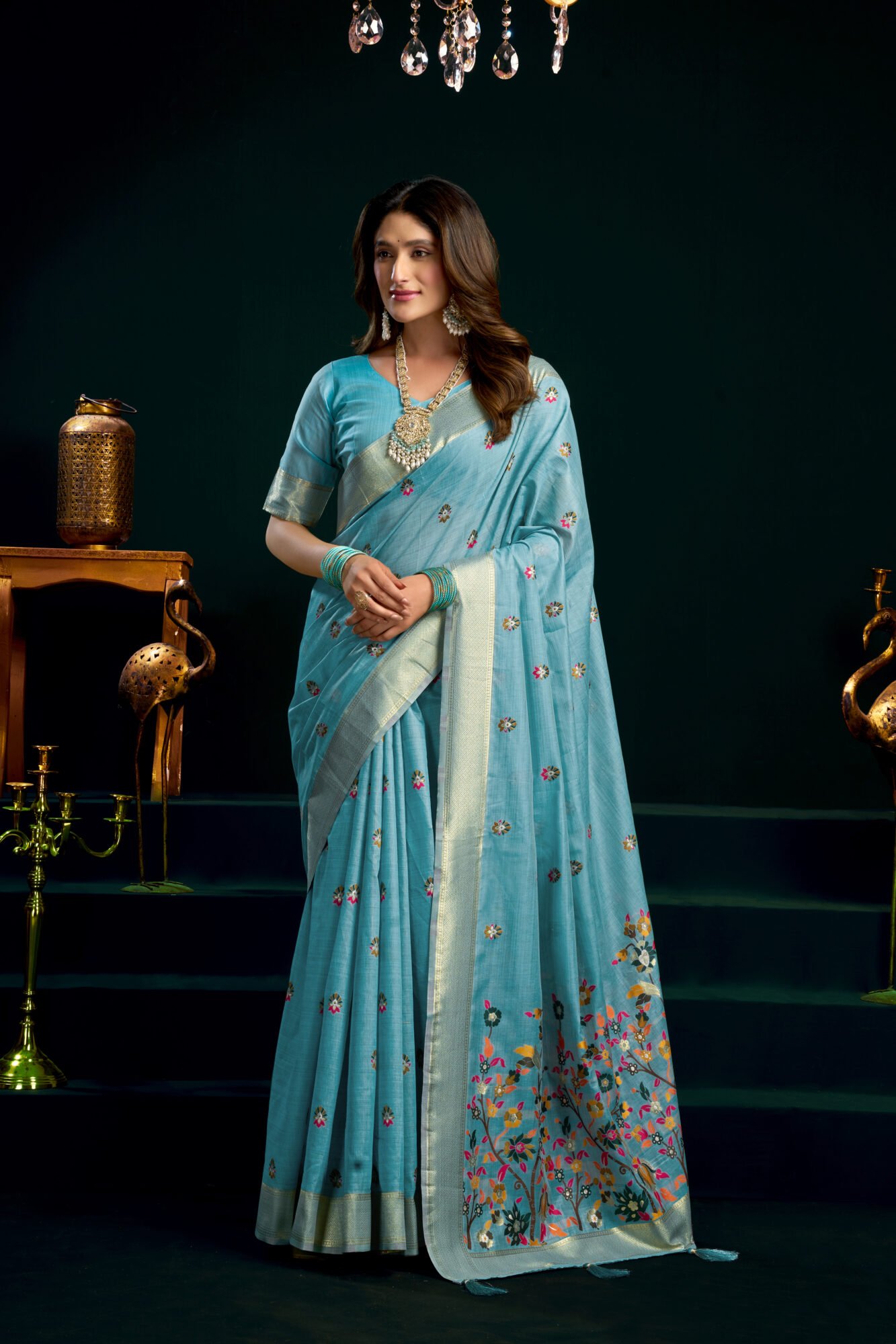 Munga Cotton Mina Work Saree with Zari Border - Image 4