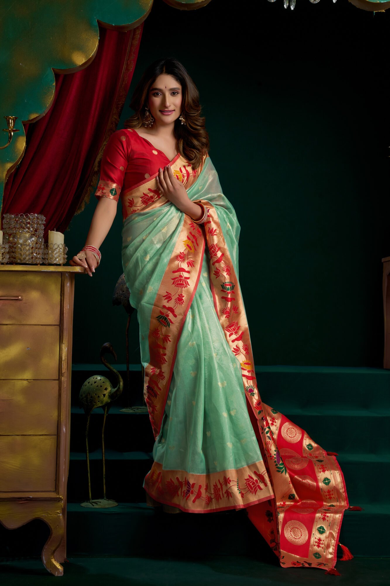 Sophisticated Tissue Paithani Saree with Mina Work & Lotus Zari - Image 3