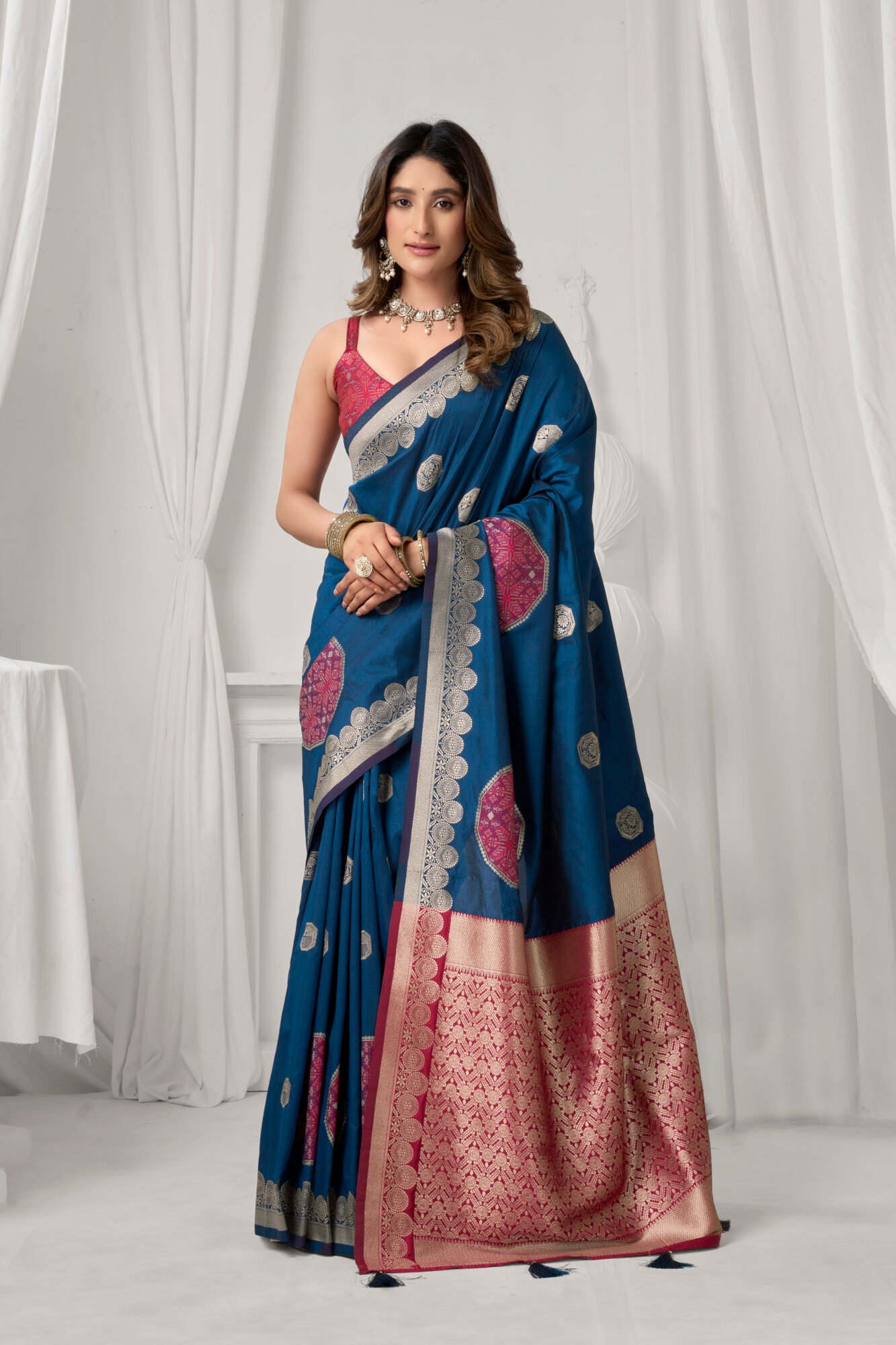 Elegant Soft Silk Saree with Statement Pompom Detailing - Image 4