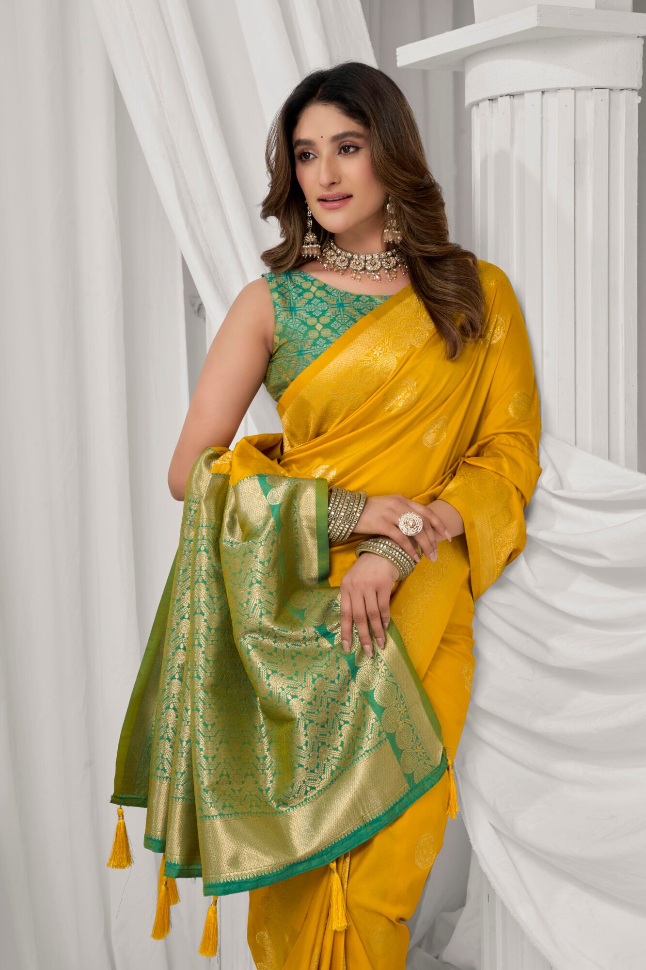 Elegant Soft Silk Saree with Statement Pompom Detailing - Image 6