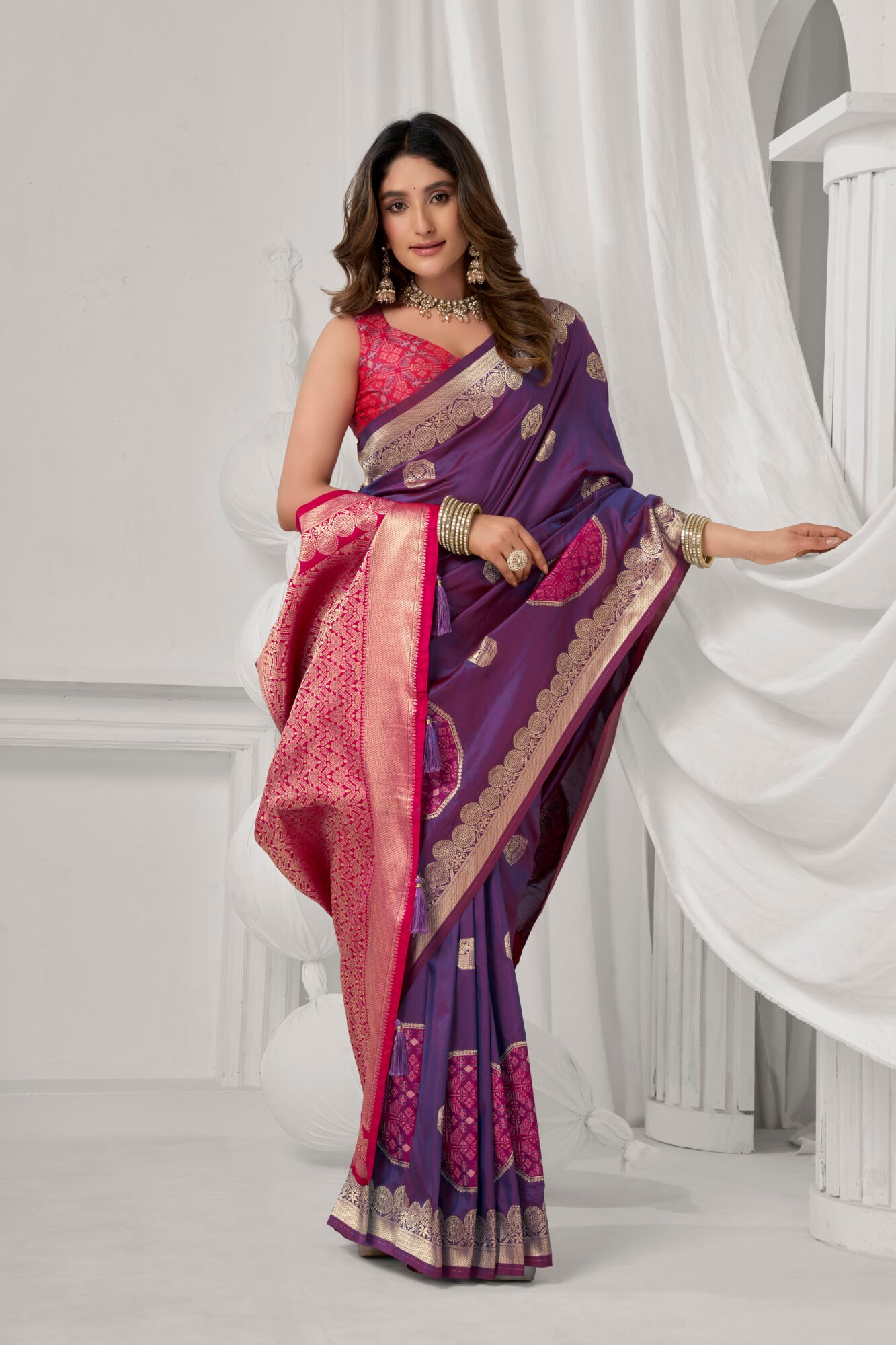 Elegant Soft Silk Saree with Statement Pompom Detailing - Image 7
