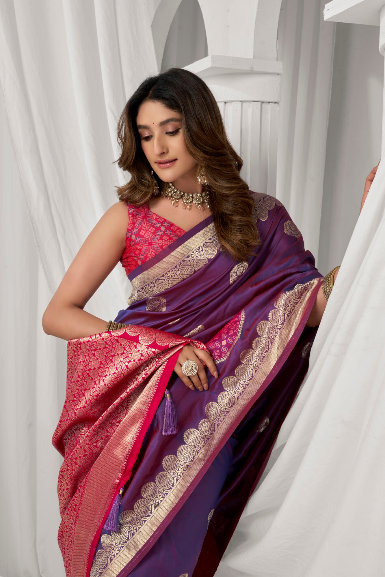 Elegant Soft Silk Saree with Statement Pompom Detailing