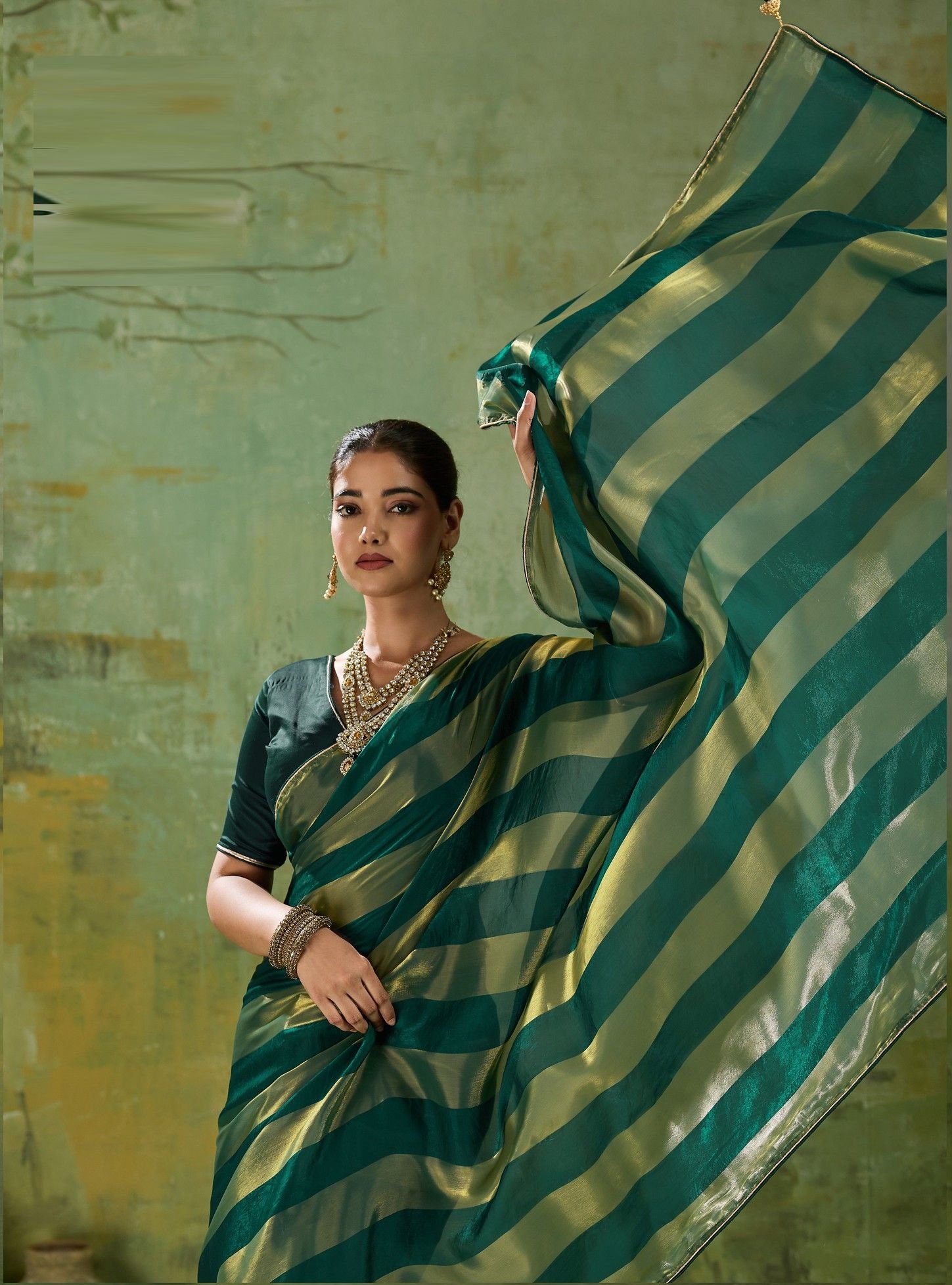 Velvet Satin Saree with Metallic Gold Patta