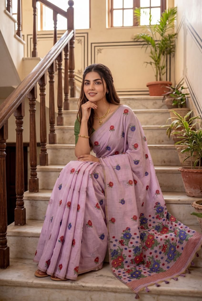 Artistic Muga Cotton Saree with Meena Floral Jamdani Pallu - Image 2