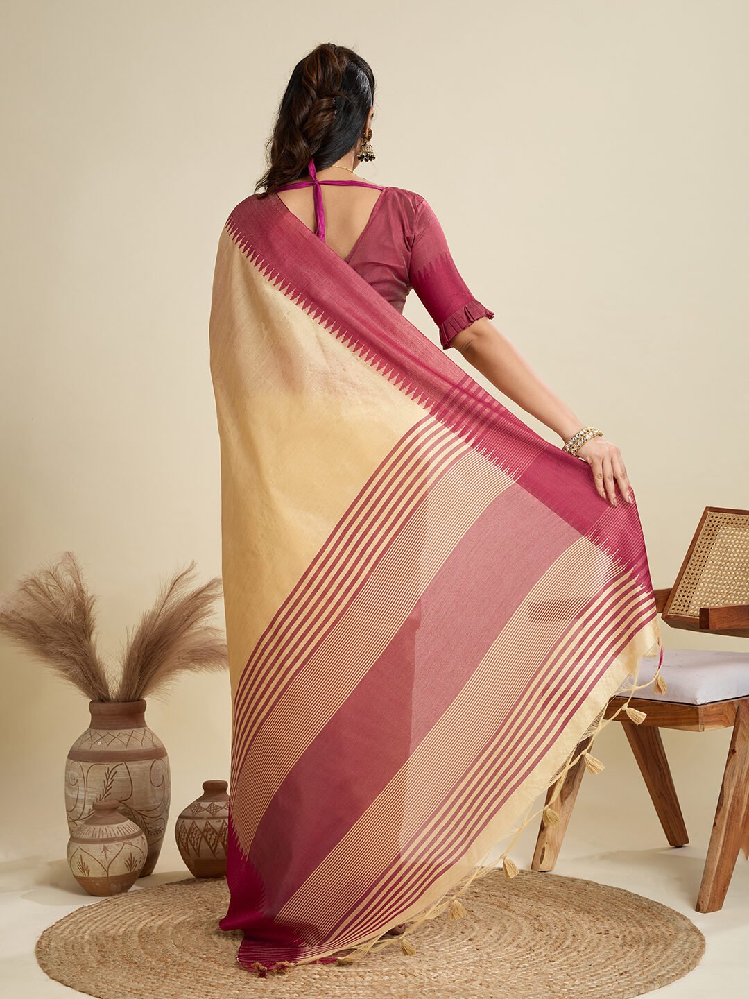 Heritage Khadi Raw Silk Saree with Contrast Temple Border - Image 2