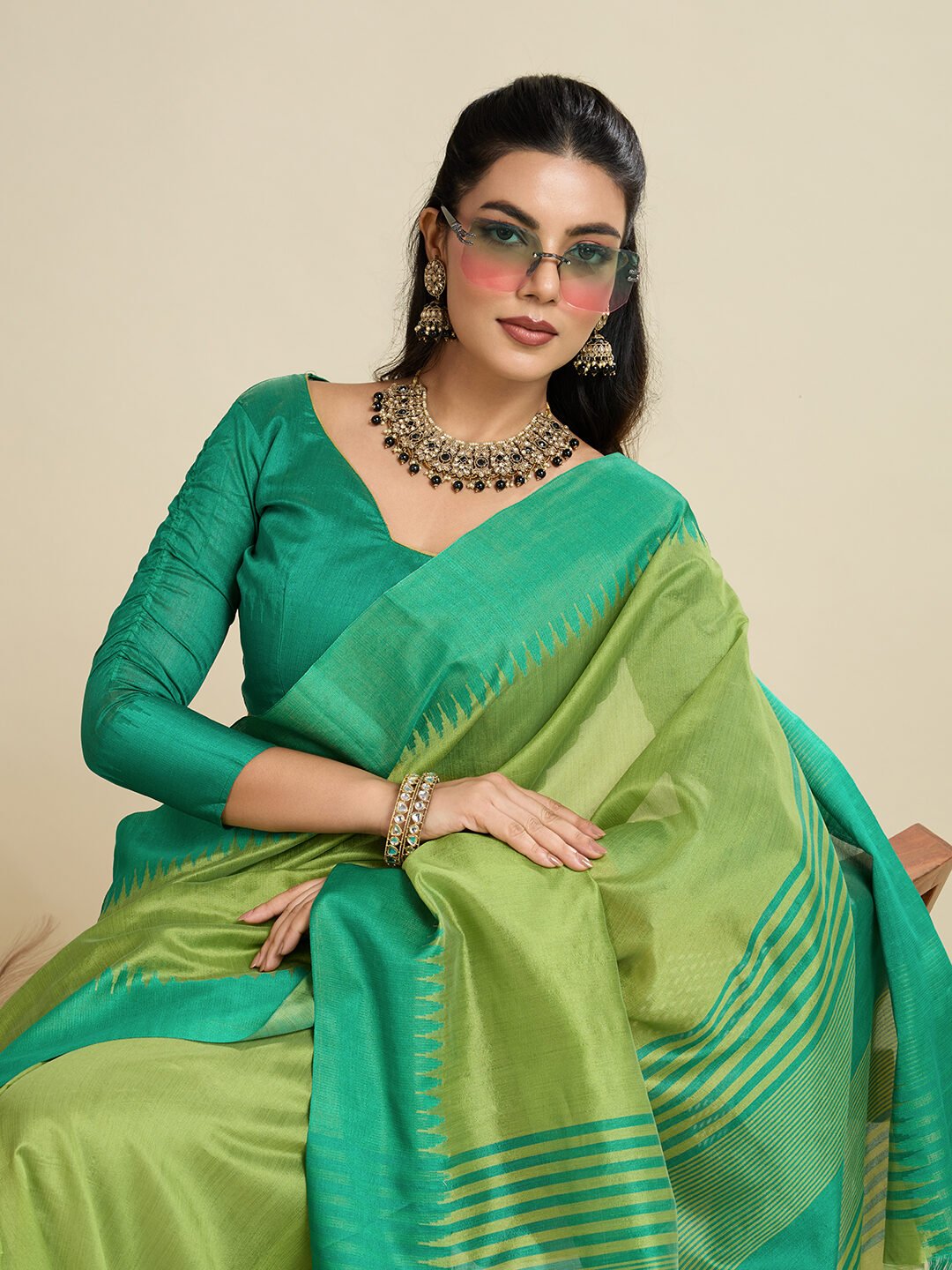 Heritage Khadi Raw Silk Saree with Contrast Temple Border