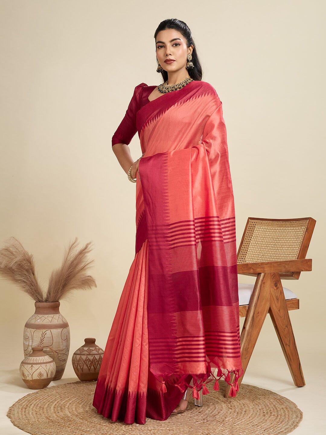 Heritage Khadi Raw Silk Saree with Contrast Temple Border - Image 8