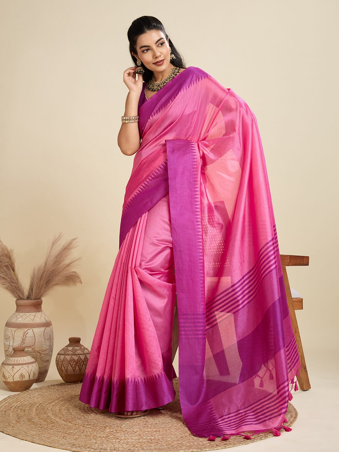 Heritage Khadi Raw Silk Saree with Contrast Temple Border - Image 9