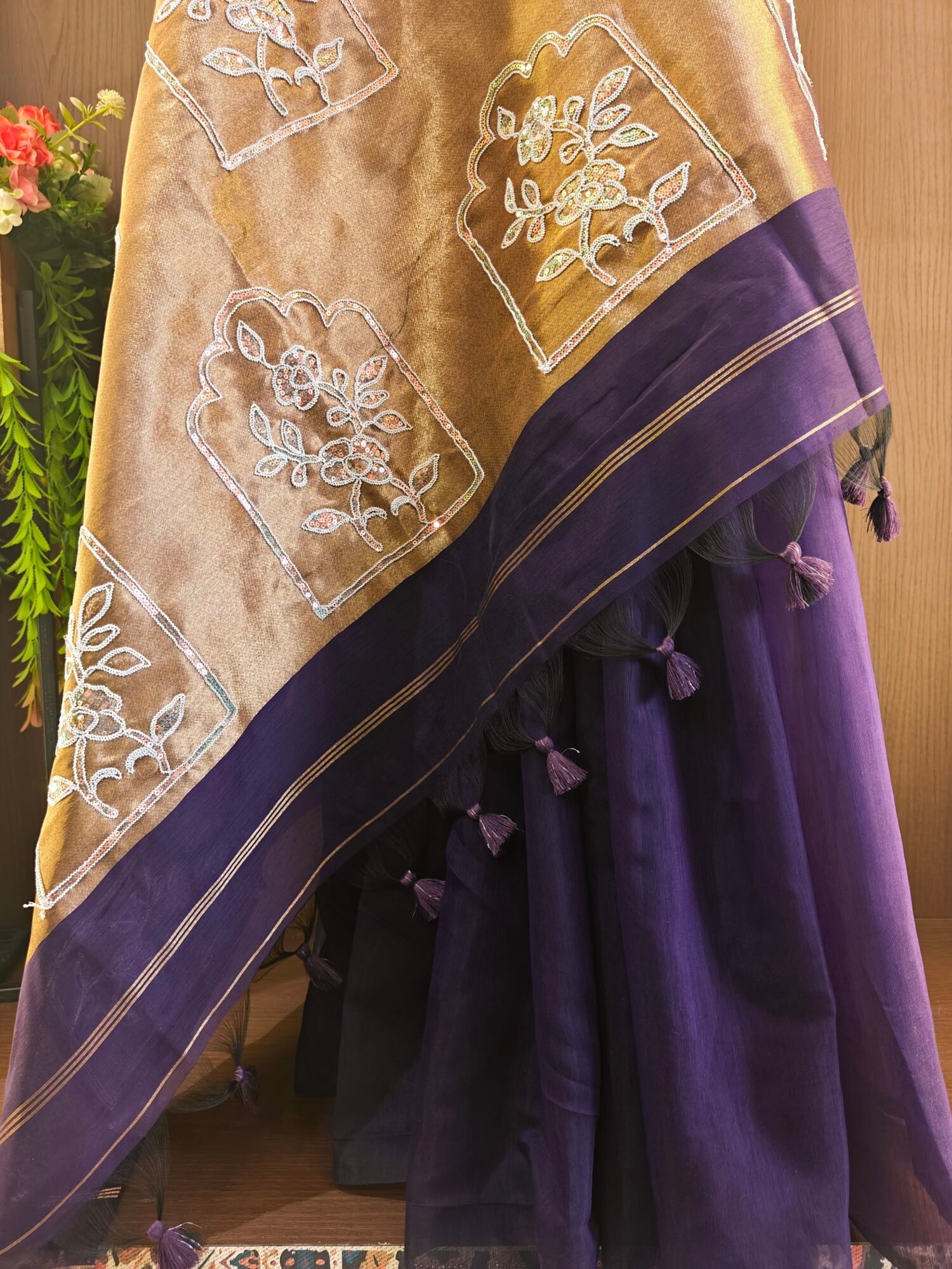 Embroidered Mul Cotton Saree with Aari, Sequin & Dori Work - Image 3