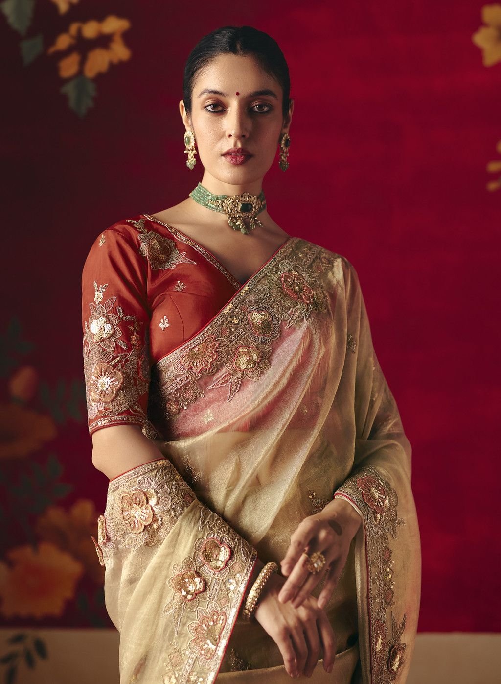 Fancy Party Wear Saree with Sequins and Thread Embroidery - Image 3