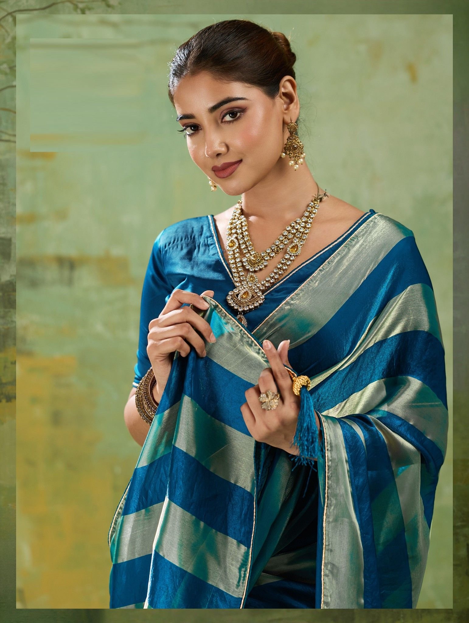 Velvet Satin Saree with Metallic Gold Patta - Image 2