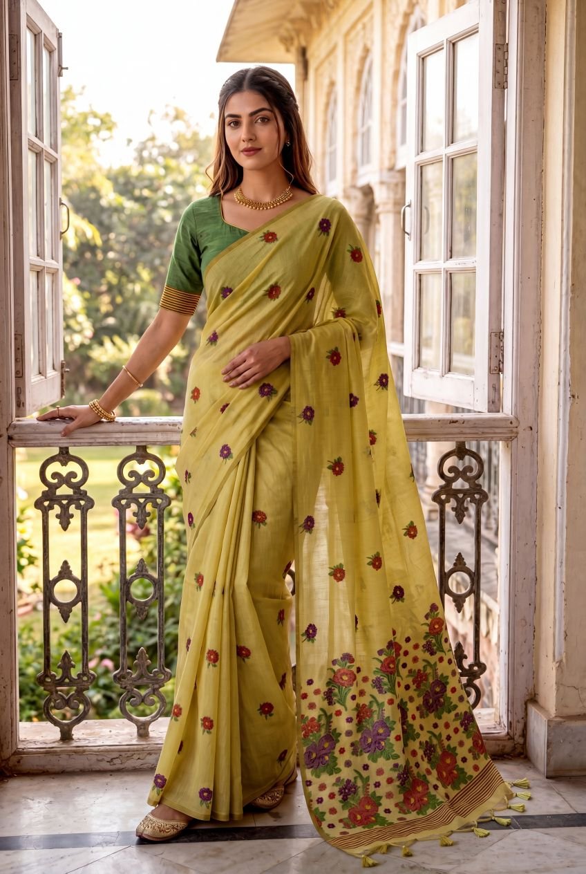 Artistic Muga Cotton Saree with Meena Floral Jamdani Pallu