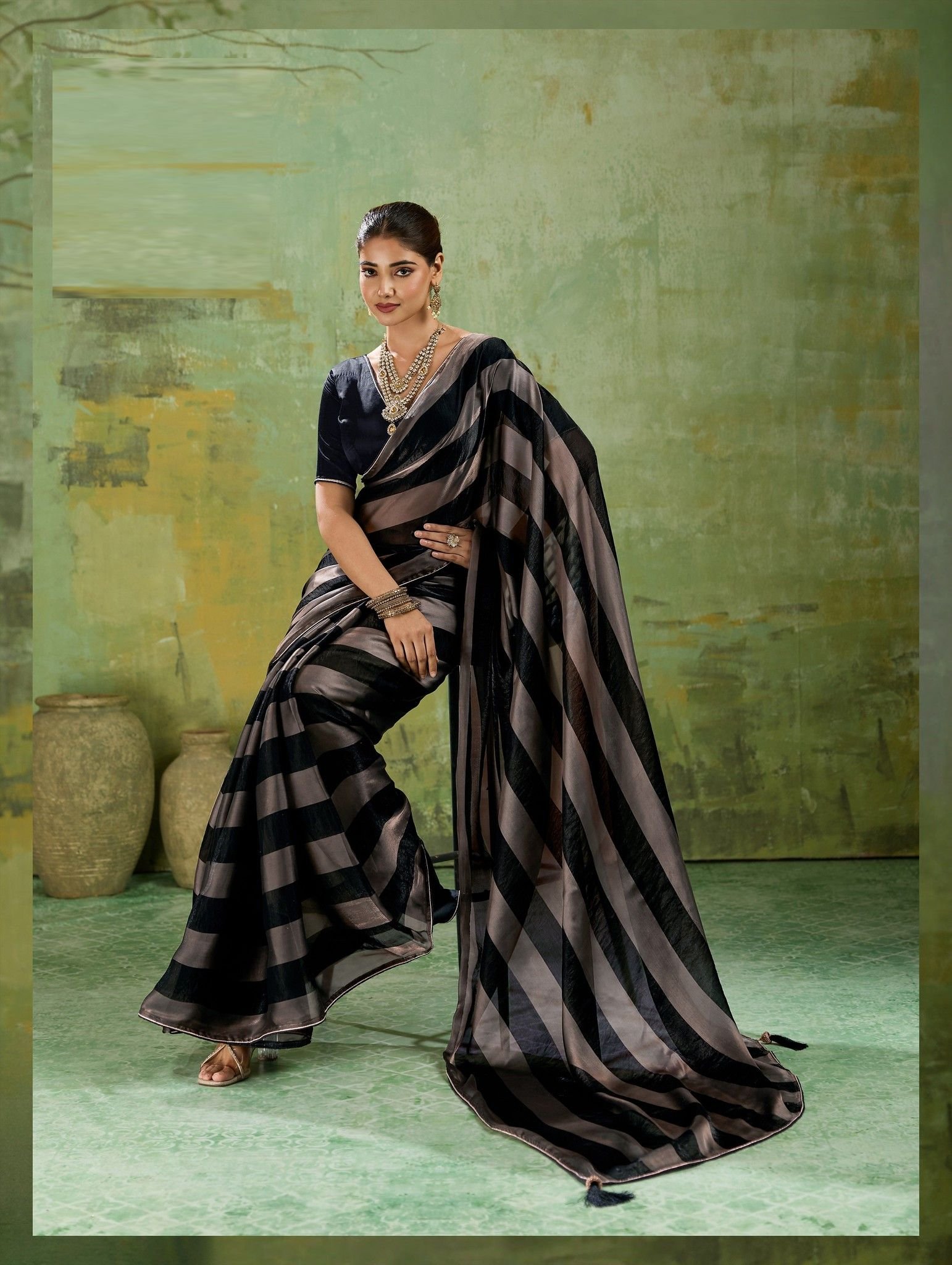 Velvet Satin Saree with Metallic Gold Patta - Image 3