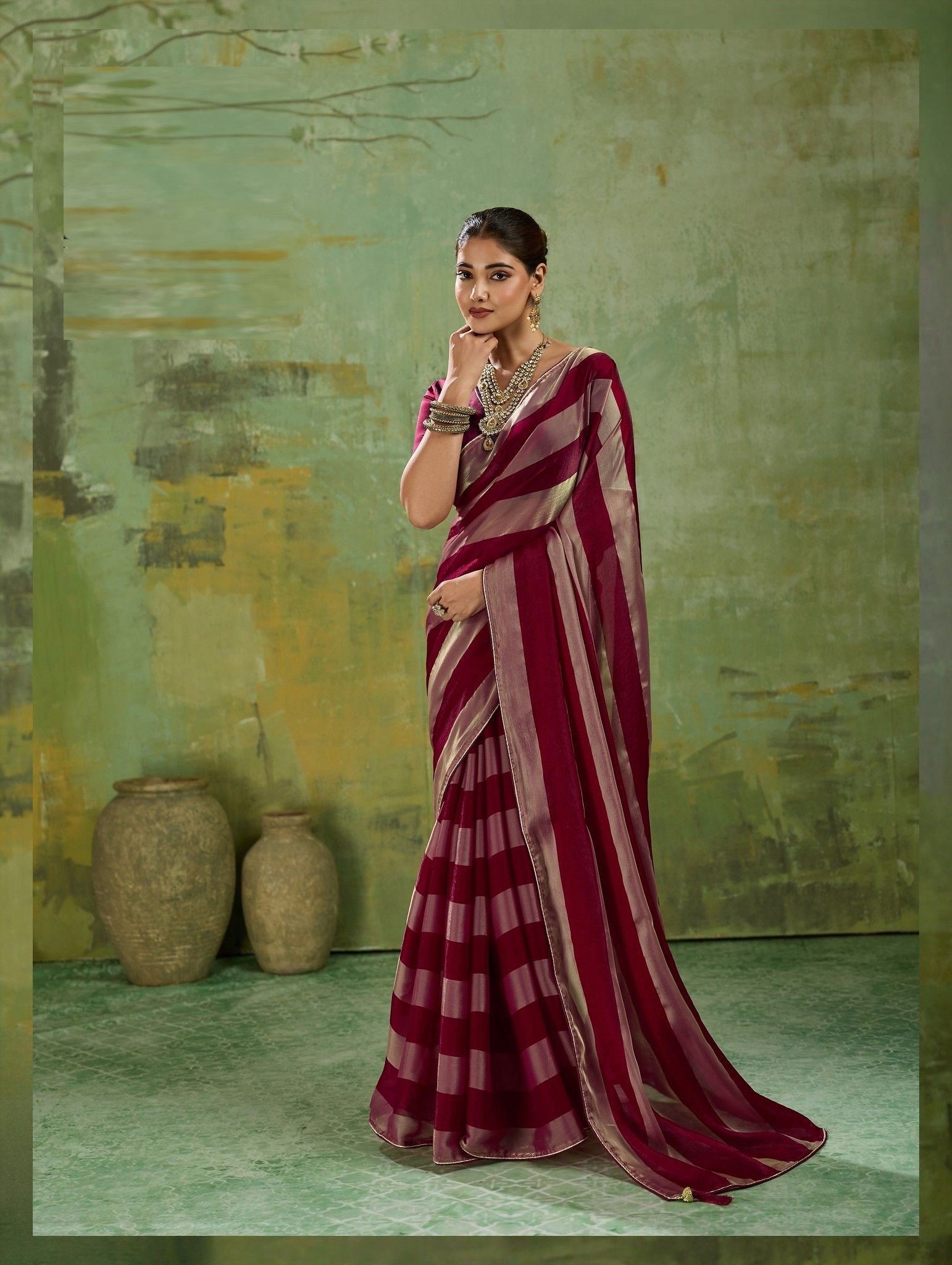 Velvet Satin Saree with Metallic Gold Patta - Image 4