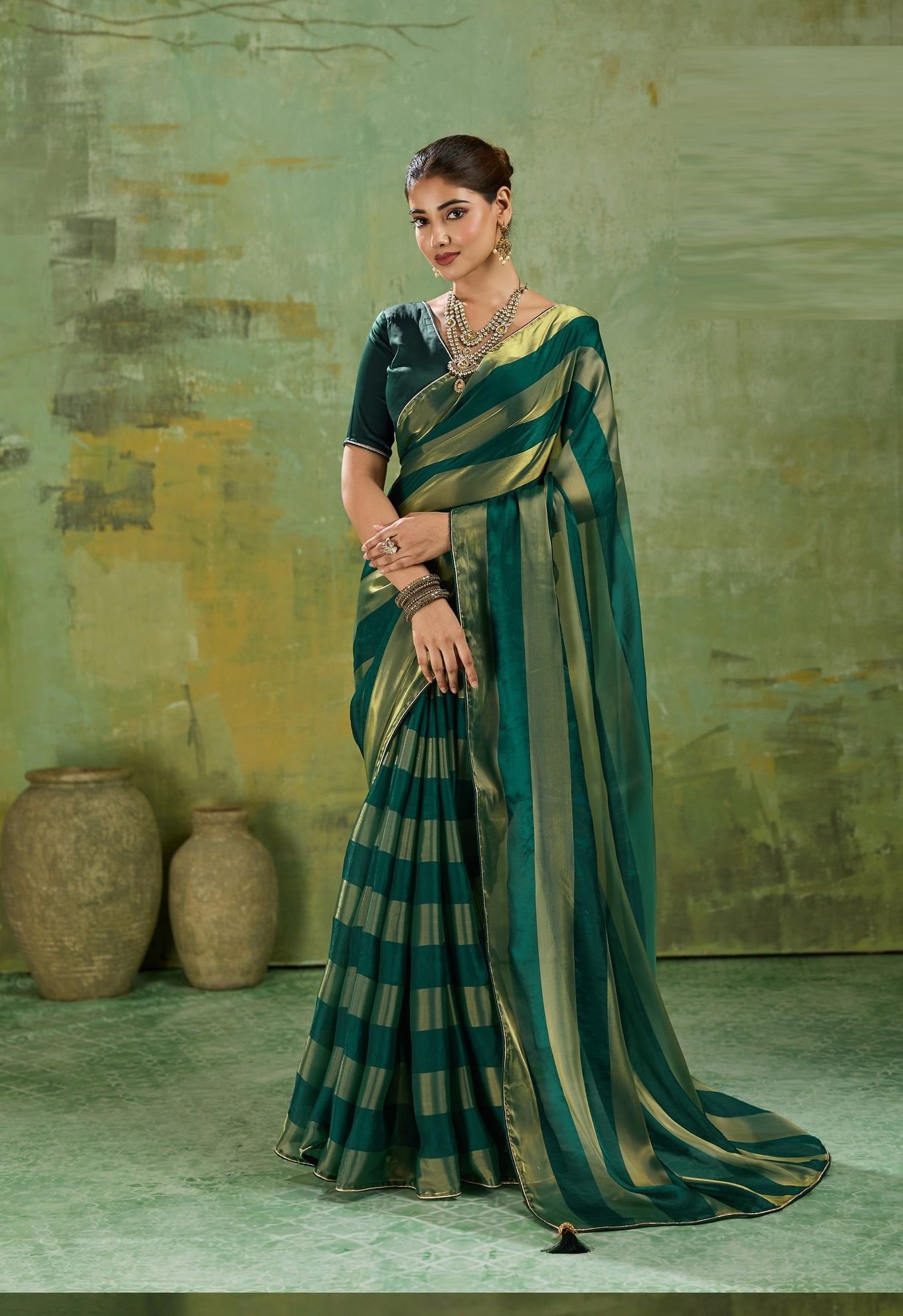 Velvet Satin Saree with Metallic Gold Patta - Image 5