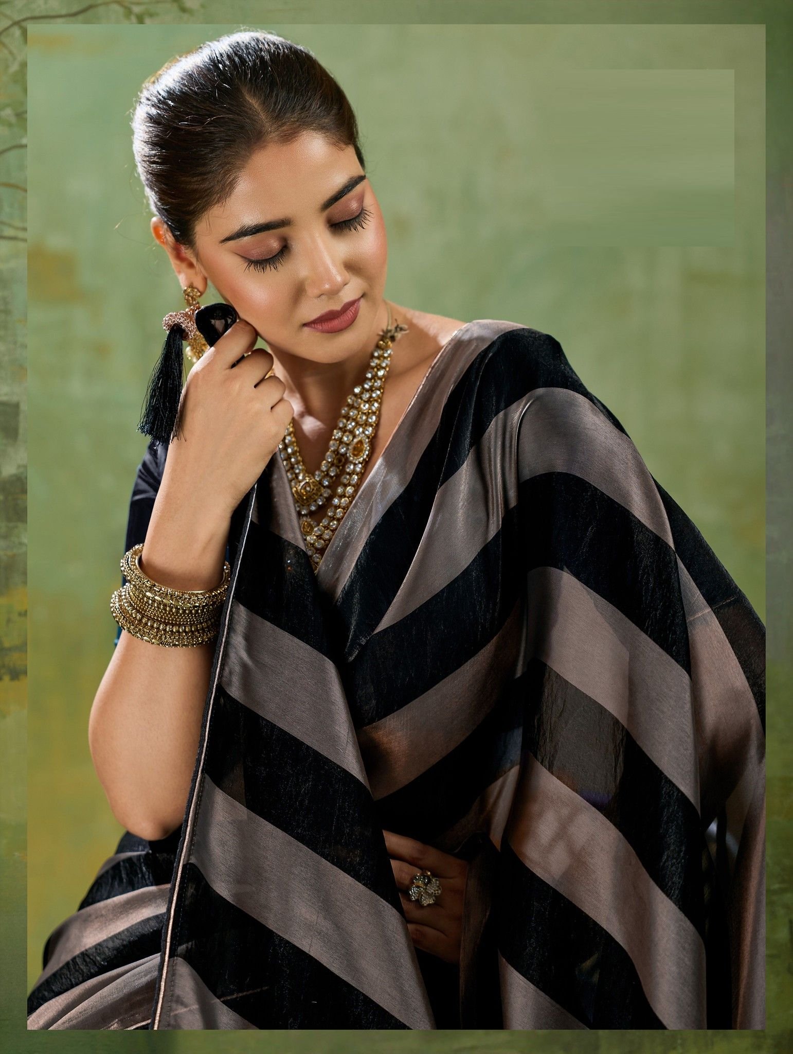 Velvet Satin Saree with Metallic Gold Patta - Image 6