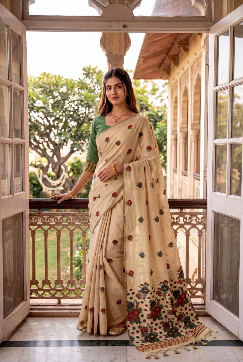 Artistic Muga Cotton Saree with Meena Floral Jamdani Pallu - Image 3