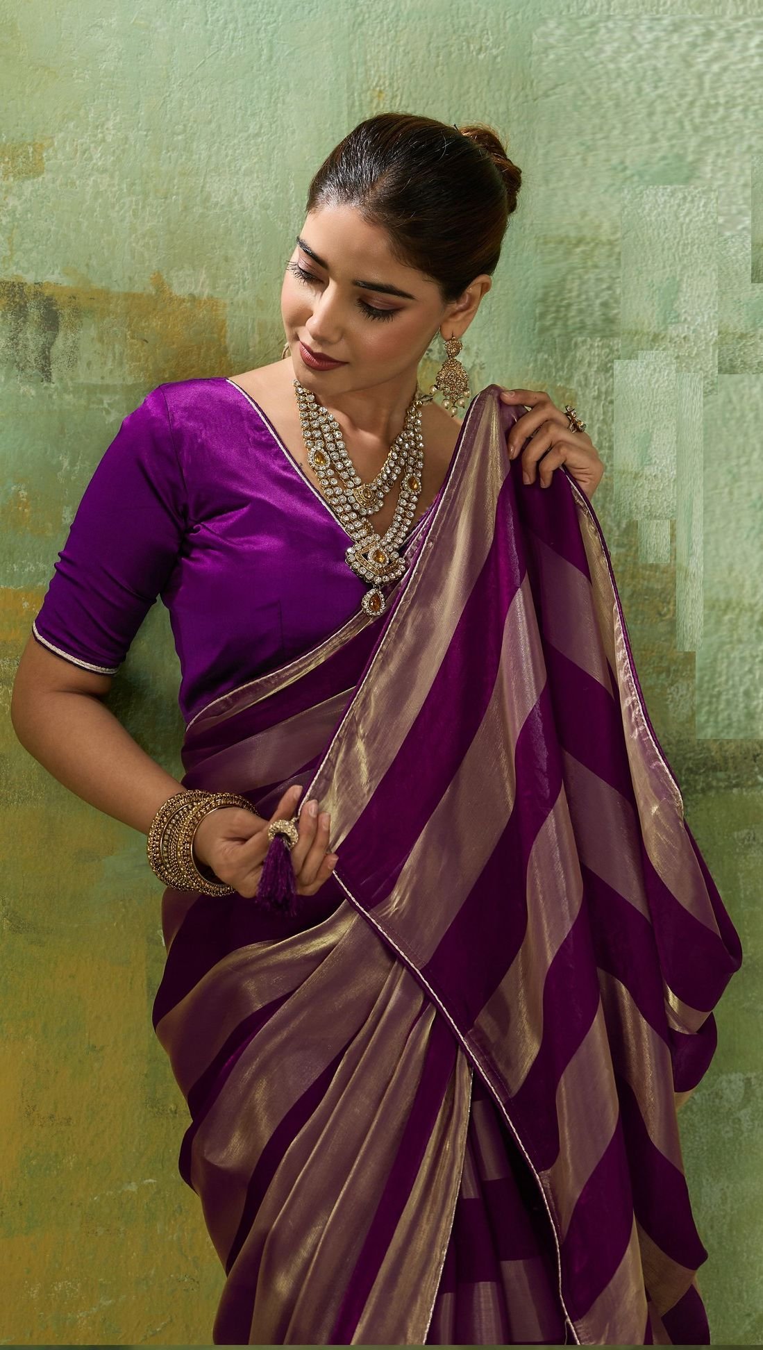 Velvet Satin Saree with Metallic Gold Patta - Image 7