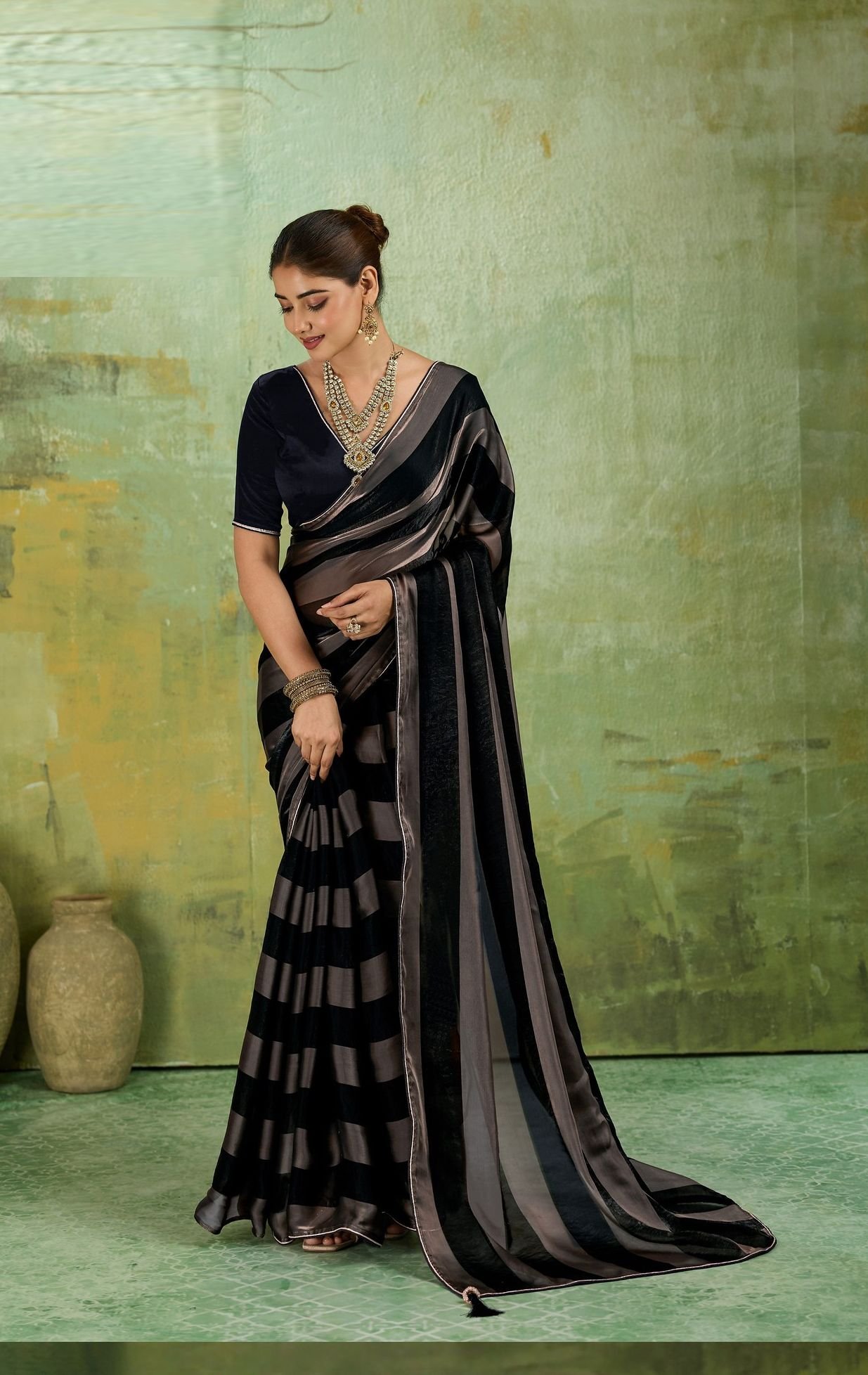 Velvet Satin Saree with Metallic Gold Patta - Image 8