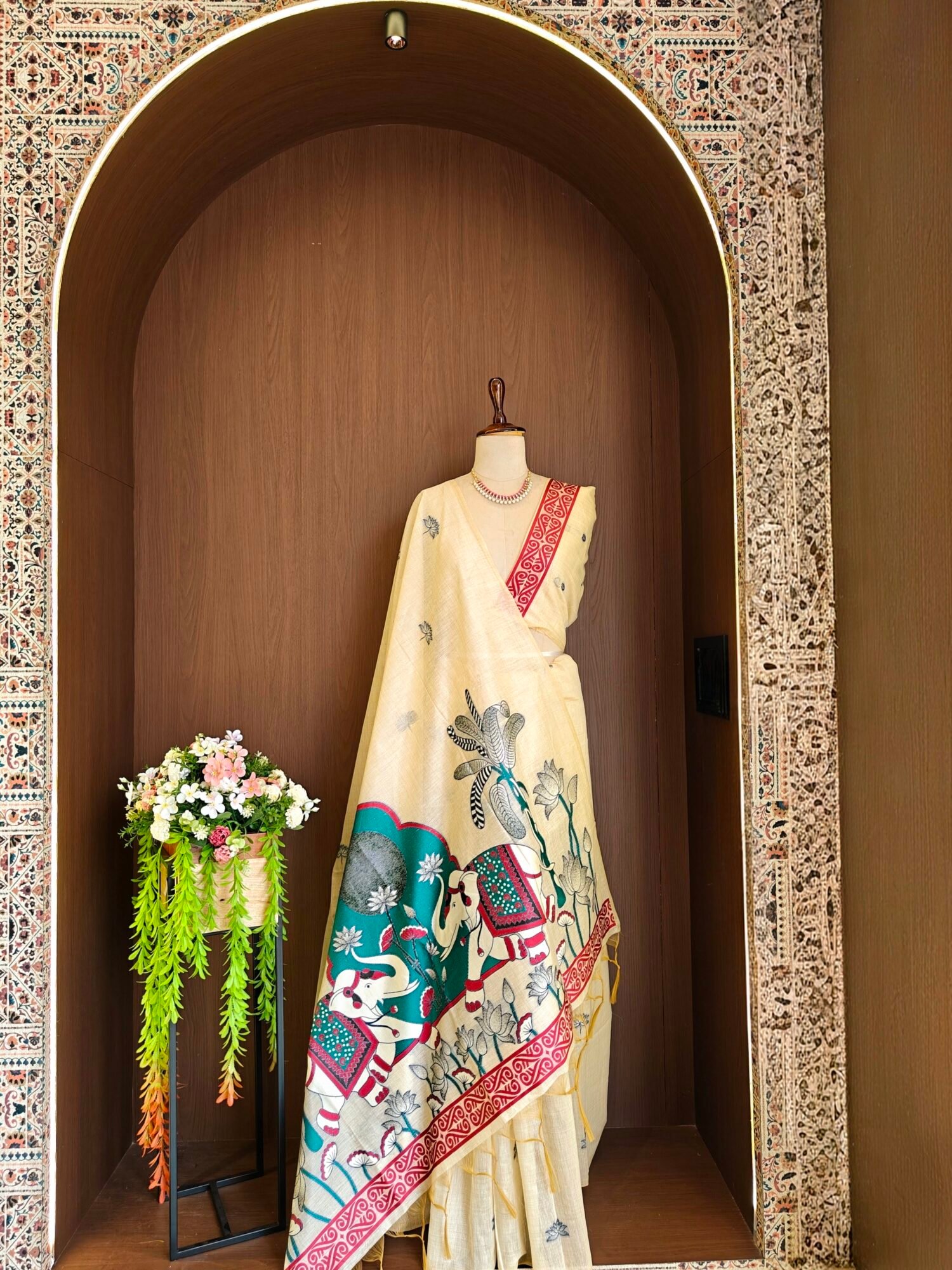 Royal Muga Cotton Saree with Rajwadi Lotus & Elephant Pallu - Image 3
