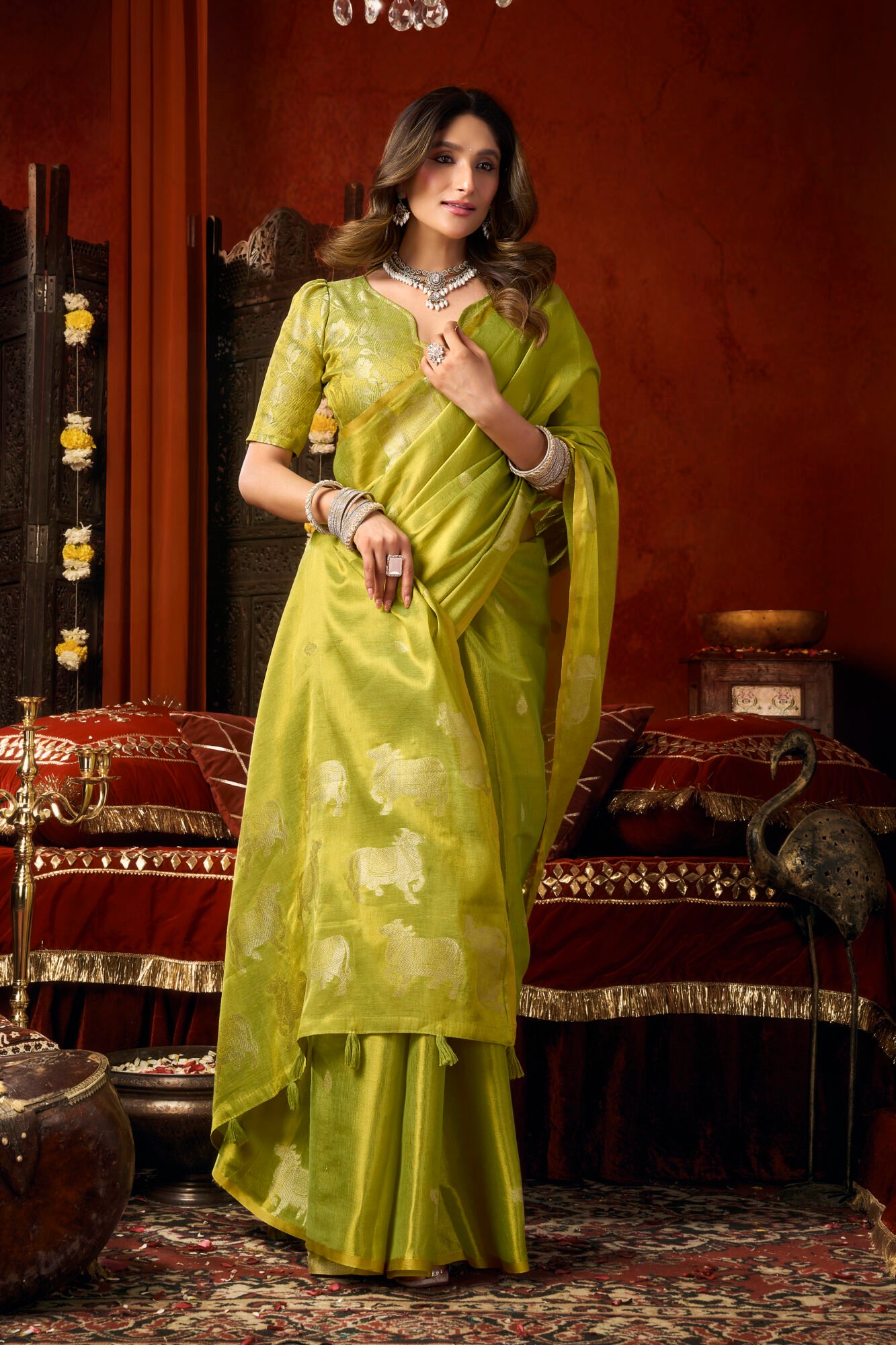 Luxury Heavy Tissue Saree with All-Over Cow Butta & Fancy Tassels - Image 3