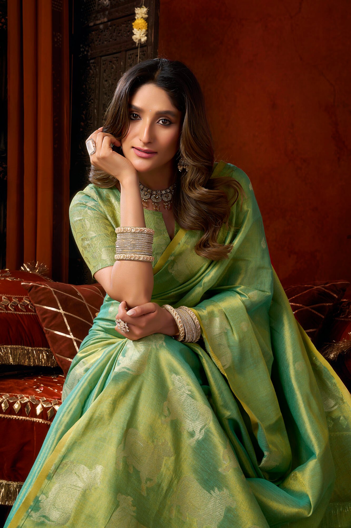 Luxury Heavy Tissue Saree with All-Over Cow Butta & Fancy Tassels - Image 6