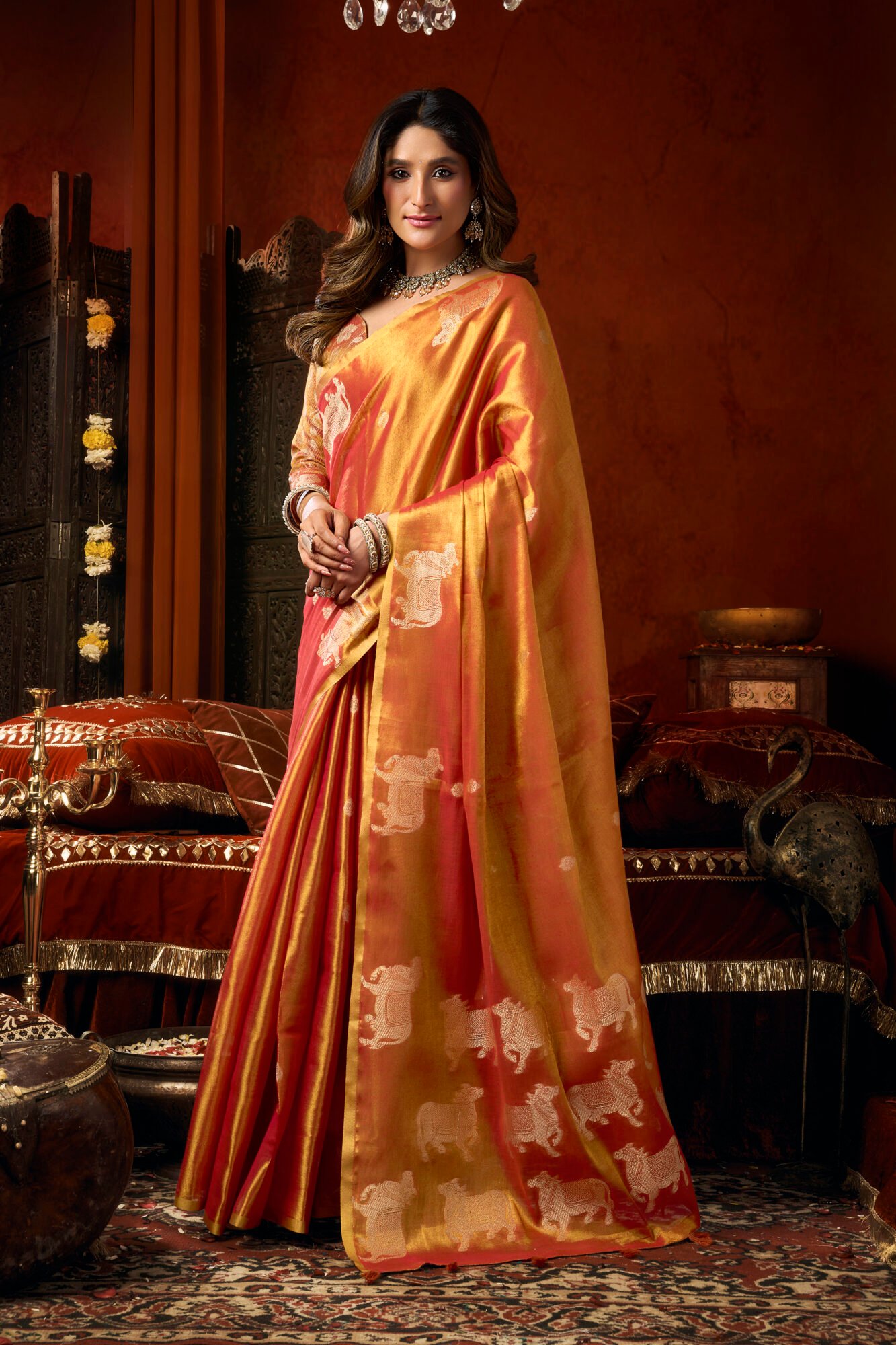 Luxury Heavy Tissue Saree with All-Over Cow Butta & Fancy Tassels