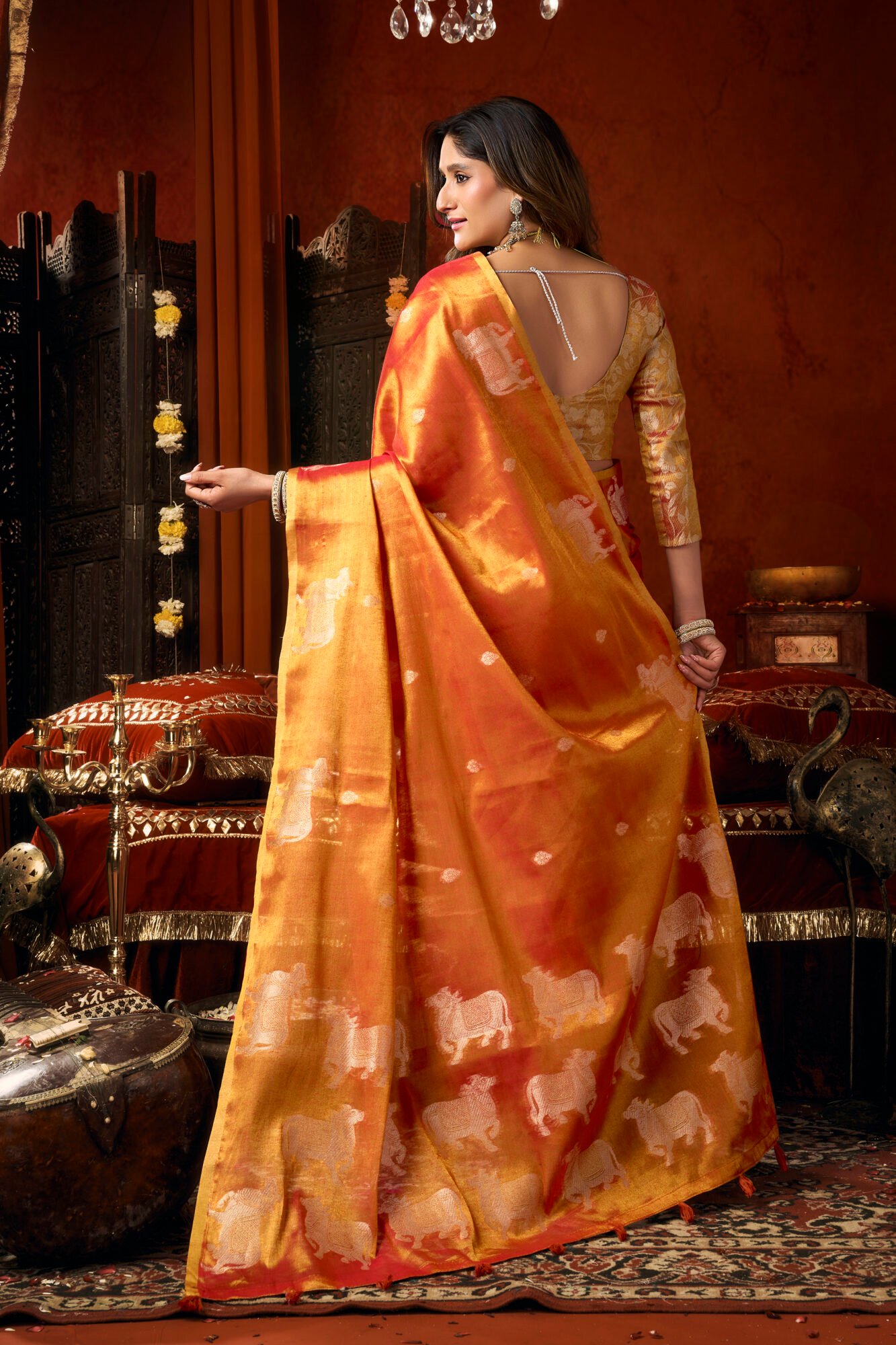 Luxury Heavy Tissue Saree with All-Over Cow Butta & Fancy Tassels - Image 7
