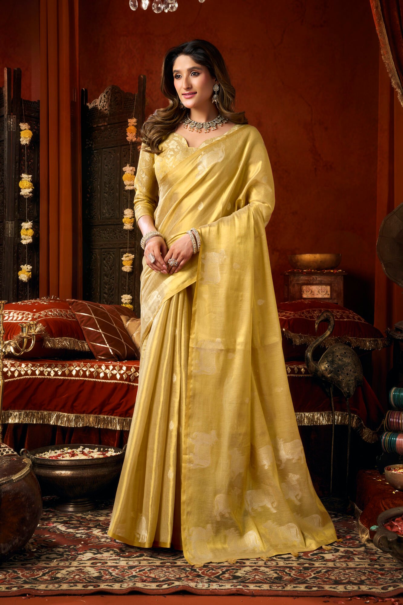 Luxury Heavy Tissue Saree with All-Over Cow Butta & Fancy Tassels - Image 8