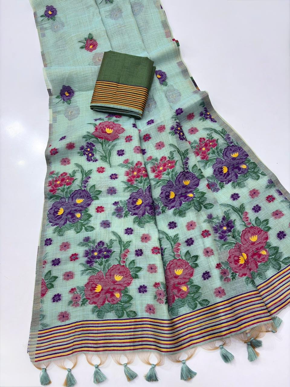 Artistic Muga Cotton Saree with Meena Floral Jamdani Pallu - Image 5
