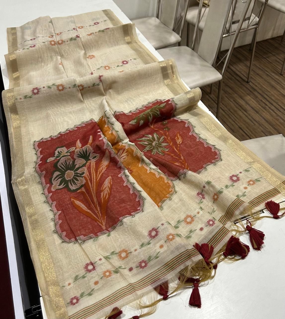 Charming Muga Cotton Saree with Colourful Resham Floral Pallu - Image 2