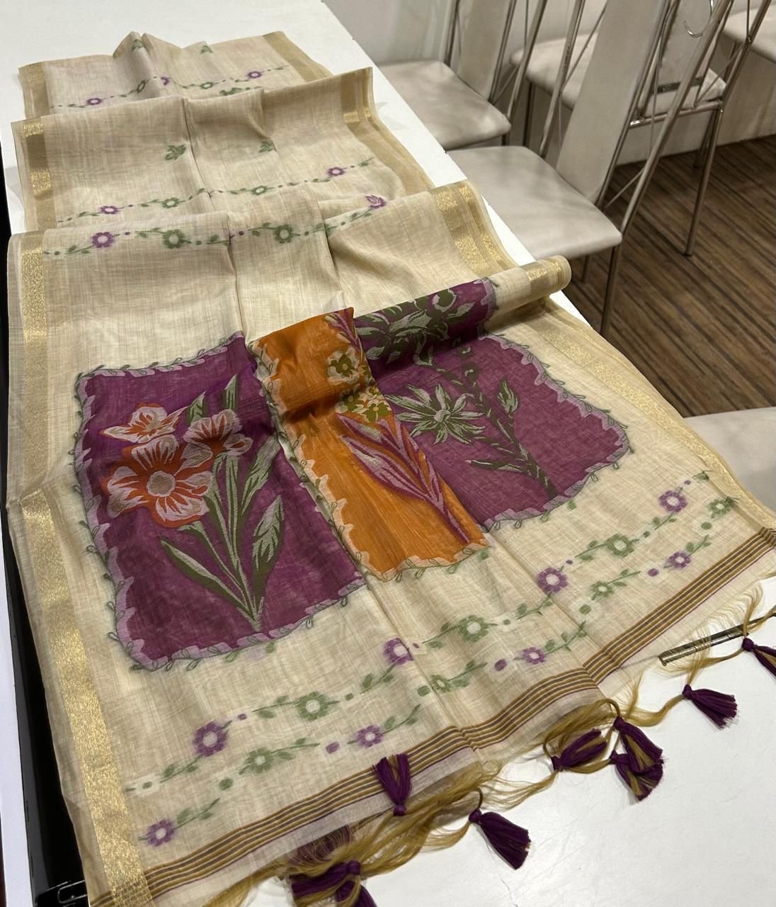 Charming Muga Cotton Saree with Colourful Resham Floral Pallu - Image 3