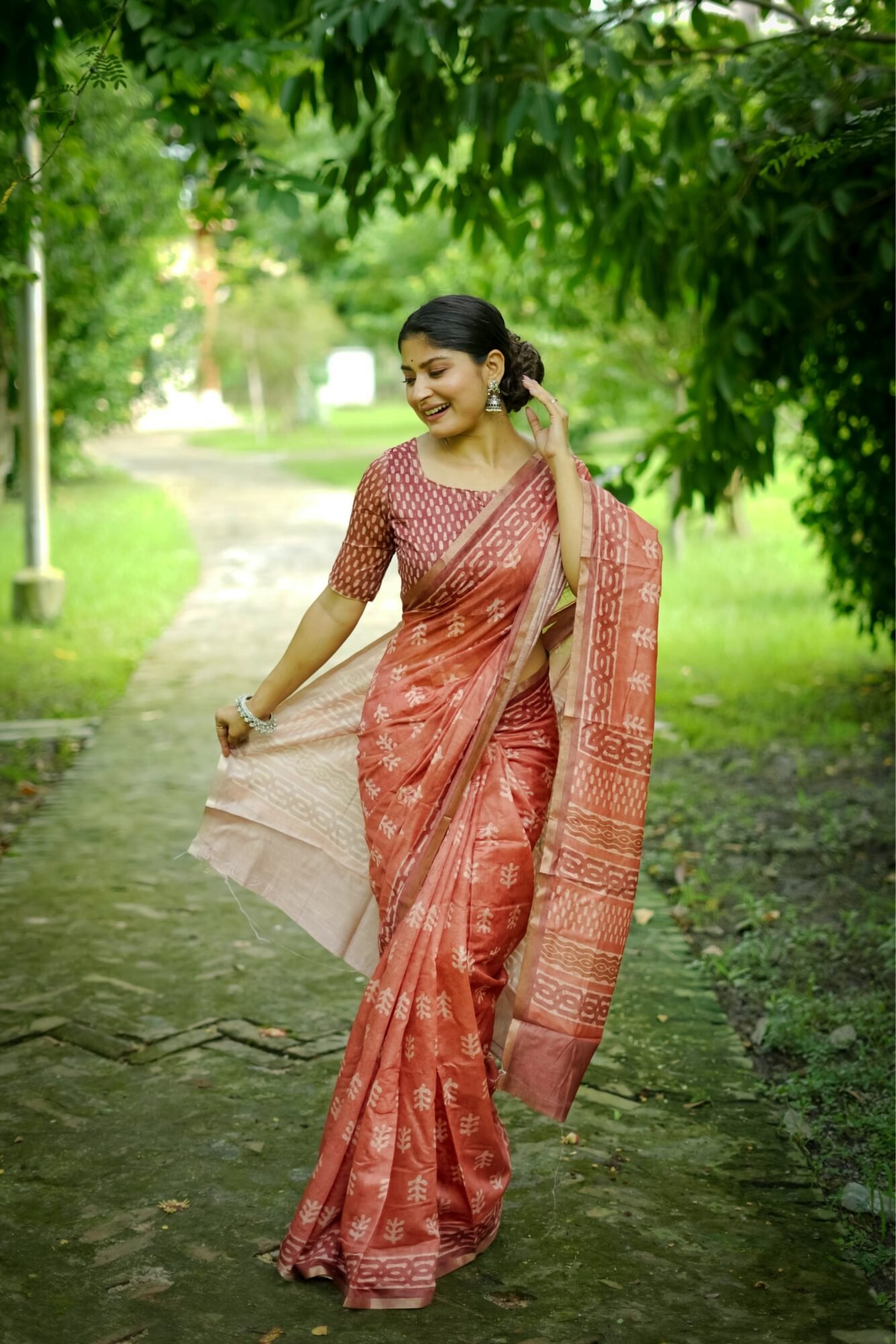 Delicate Dhanwari Cotton Saree with Traditional Block Print - Image 6