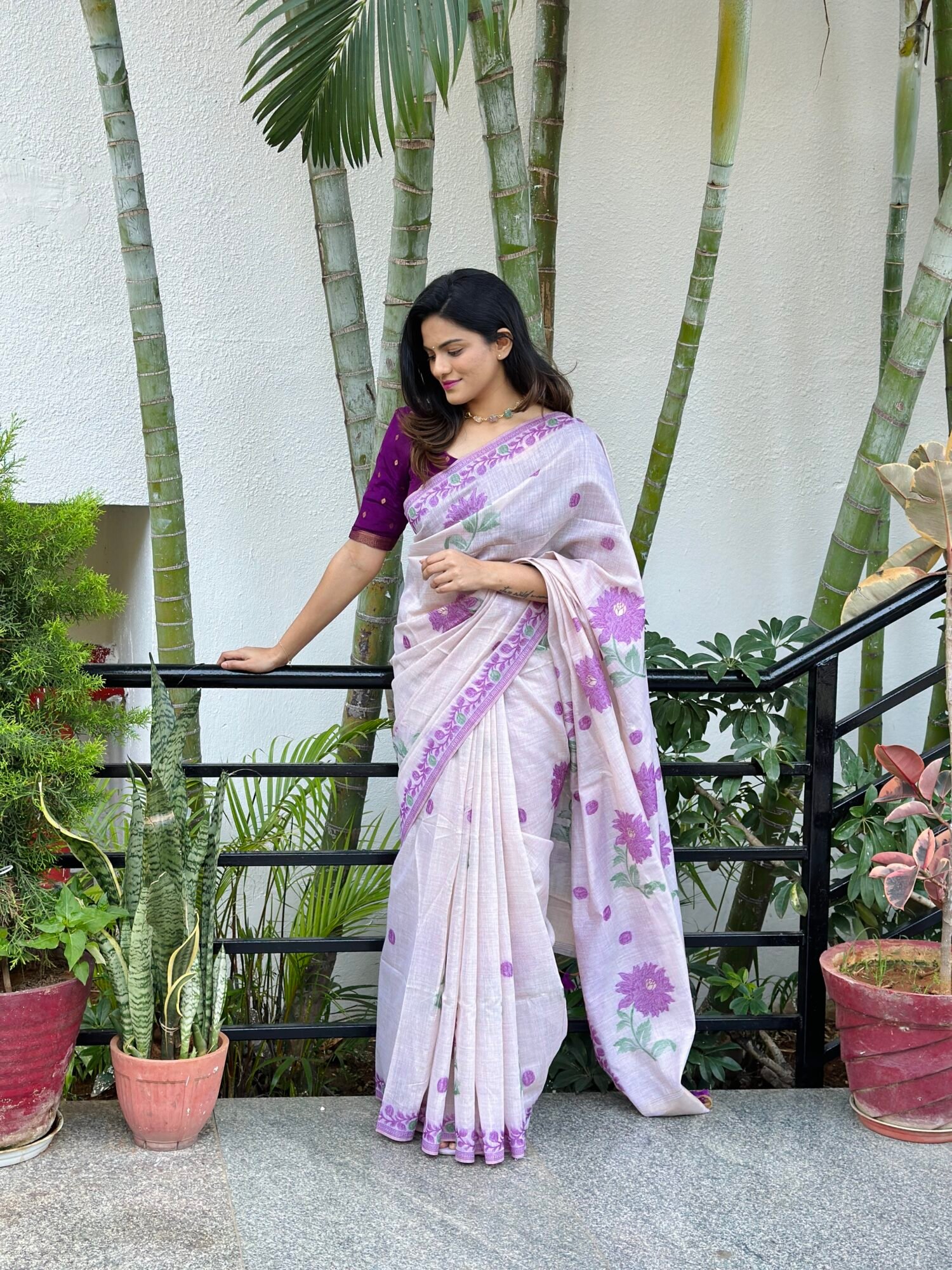Timeless Muga Cotton Saree with Jamdani Contrast Border - Image 7