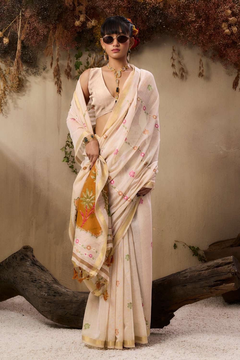Charming Muga Cotton Saree with Colourful Resham Floral Pallu - Image 9