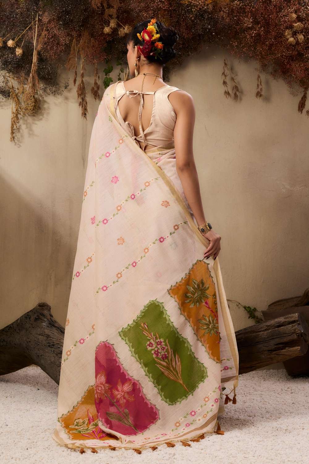 Charming Muga Cotton Saree with Colourful Resham Floral Pallu - Image 5