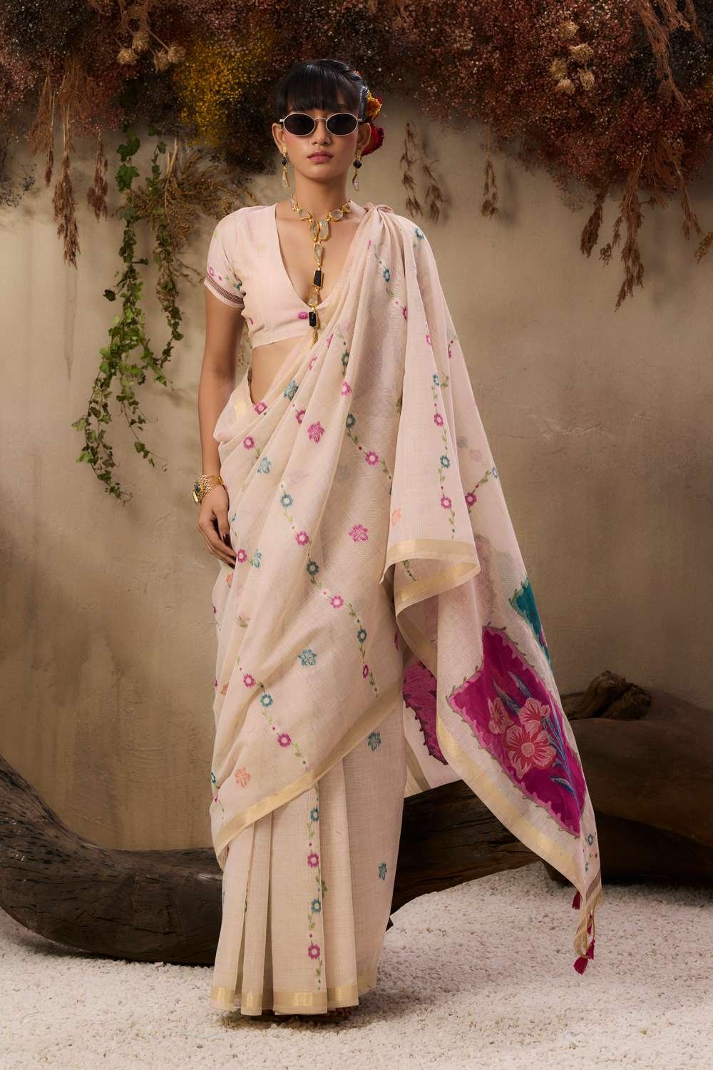 Charming Muga Cotton Saree with Colourful Resham Floral Pallu - Image 10