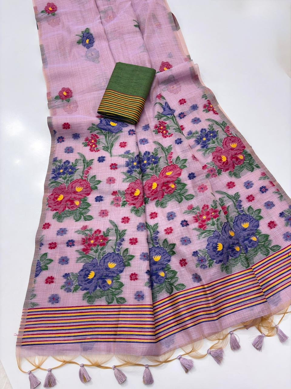 Artistic Muga Cotton Saree with Meena Floral Jamdani Pallu - Image 6