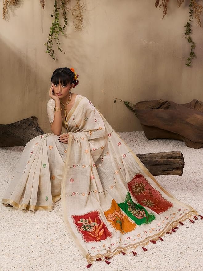 Charming Muga Cotton Saree with Colourful Resham Floral Pallu - Image 6