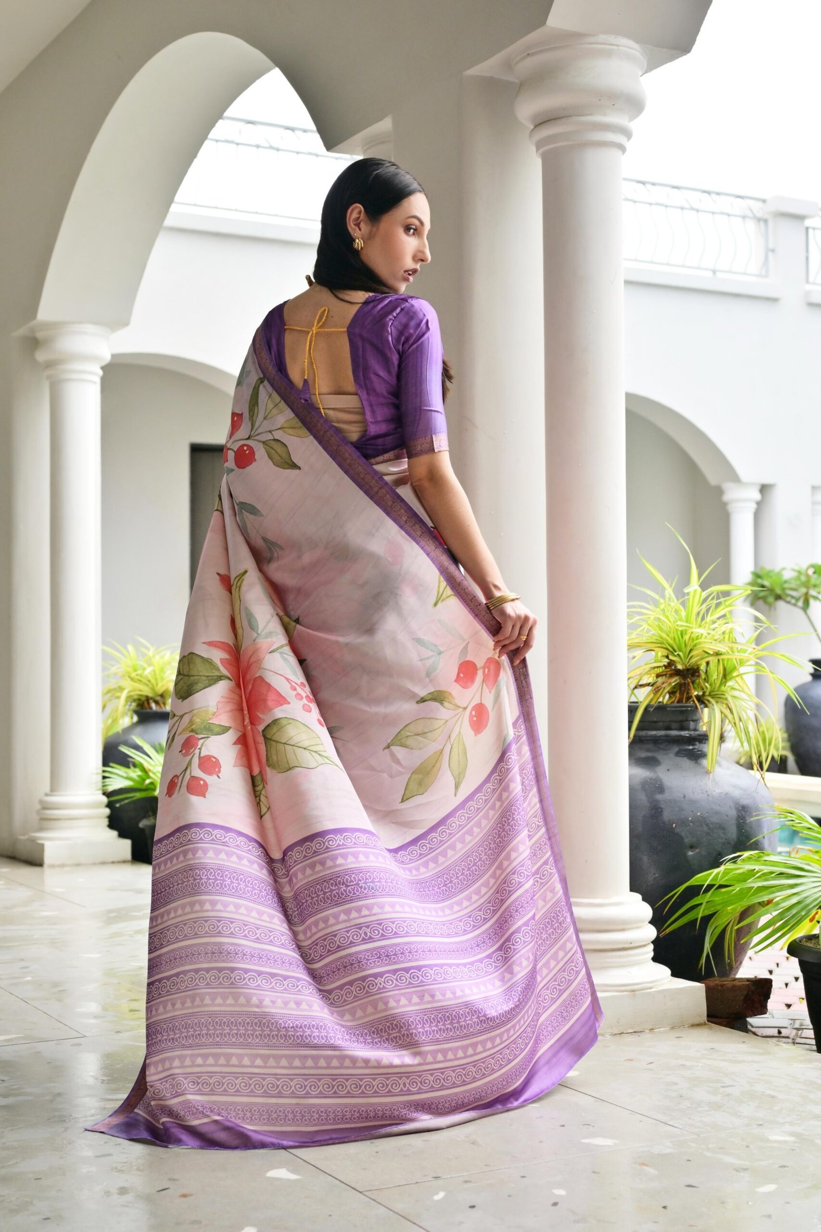 Graceful Satin Silk Saree with Hand-Painted Floral Pattern - Image 3