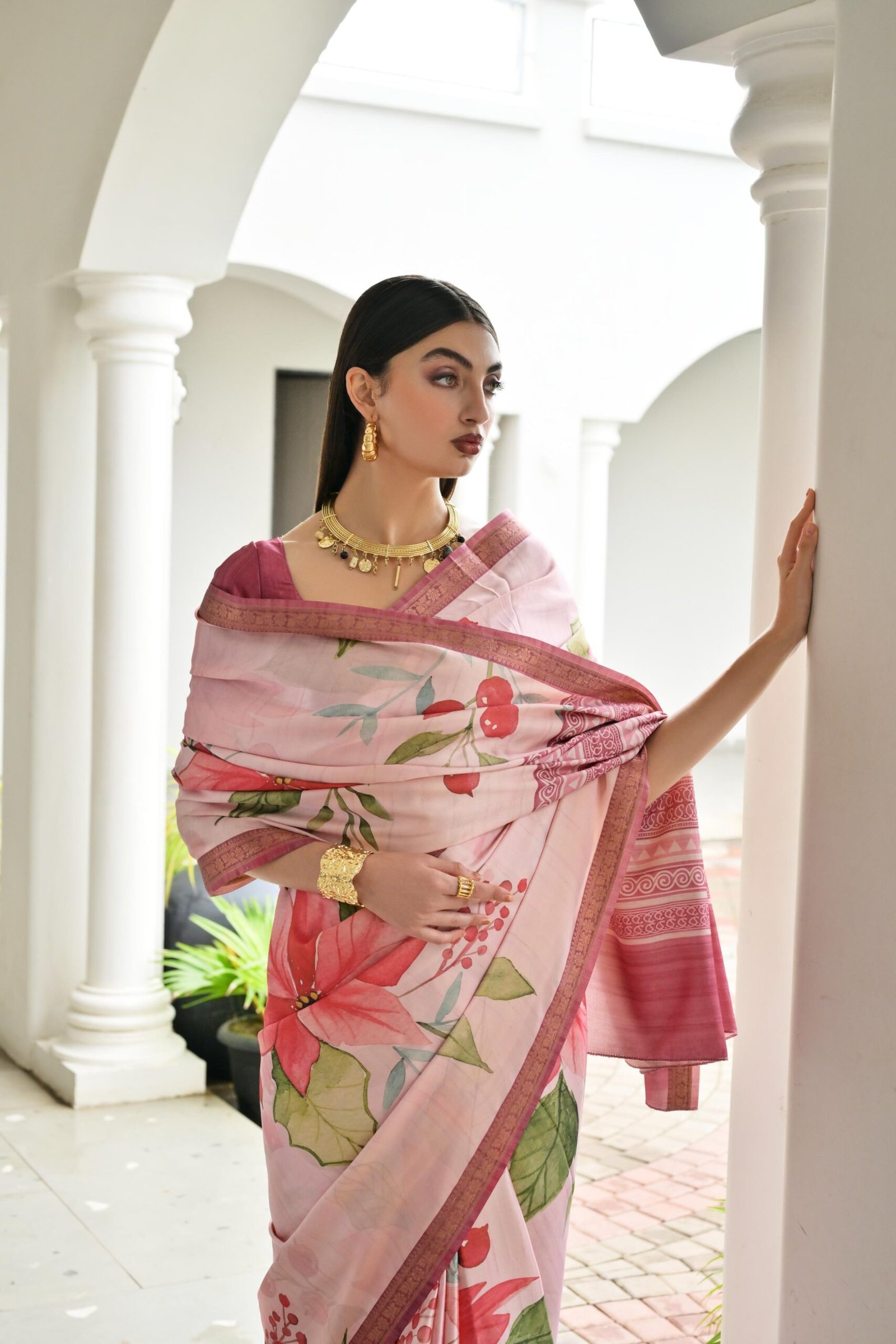 Graceful Satin Silk Saree with Hand-Painted Floral Pattern