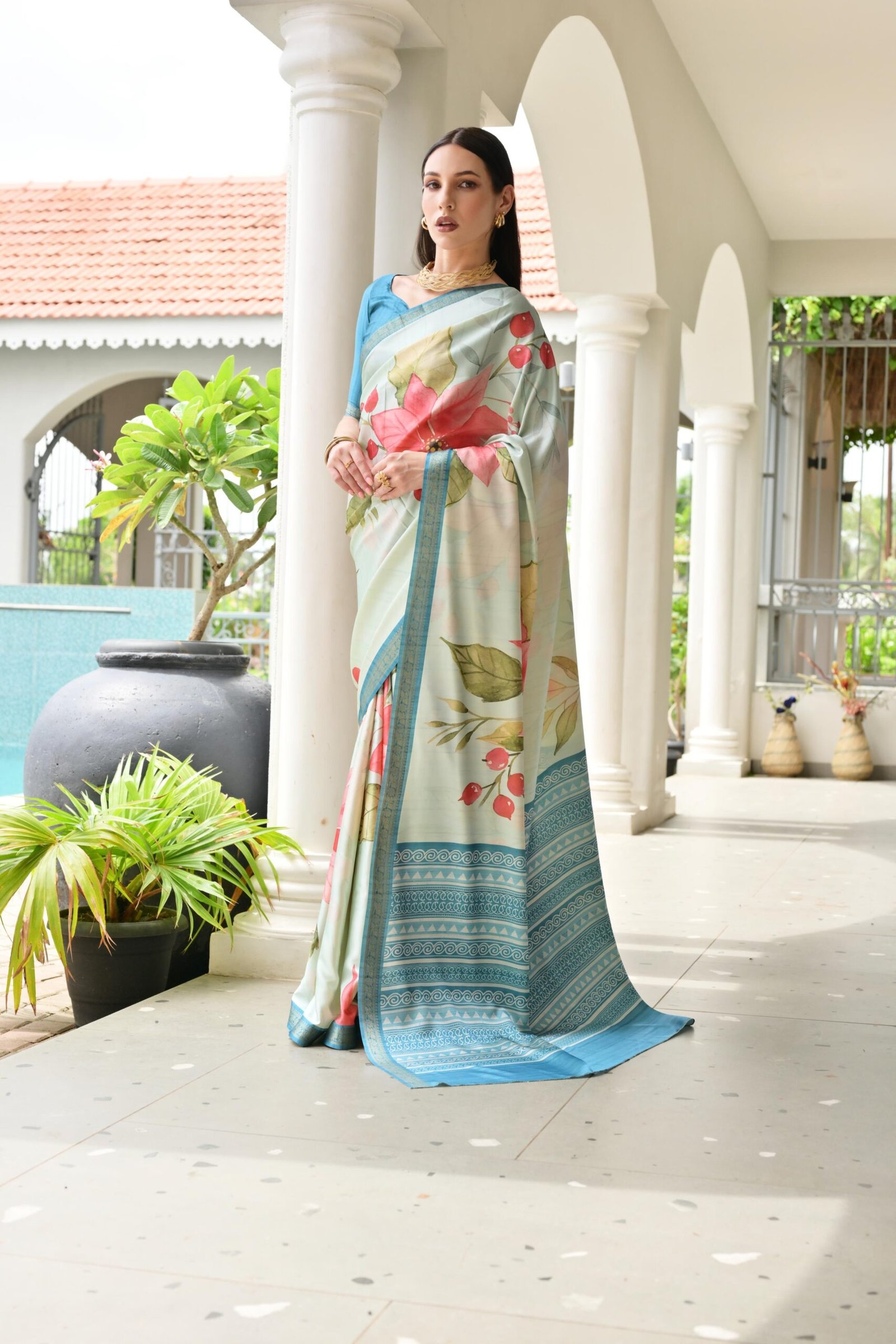 Graceful Satin Silk Saree with Hand-Painted Floral Pattern - Image 6